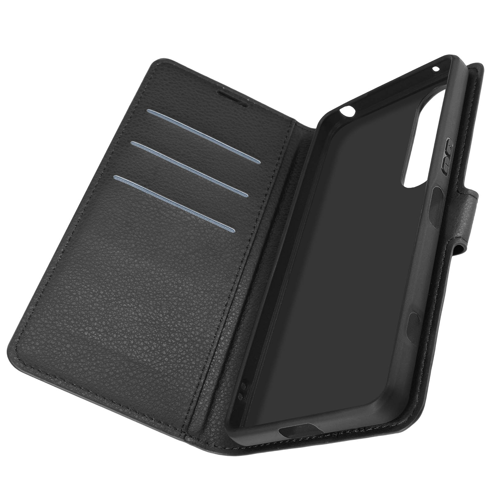 Schwarze Leder-Handyhülle offen, mit Kartenfächern und Telefonhalter. Leeres Telefon ist innen.