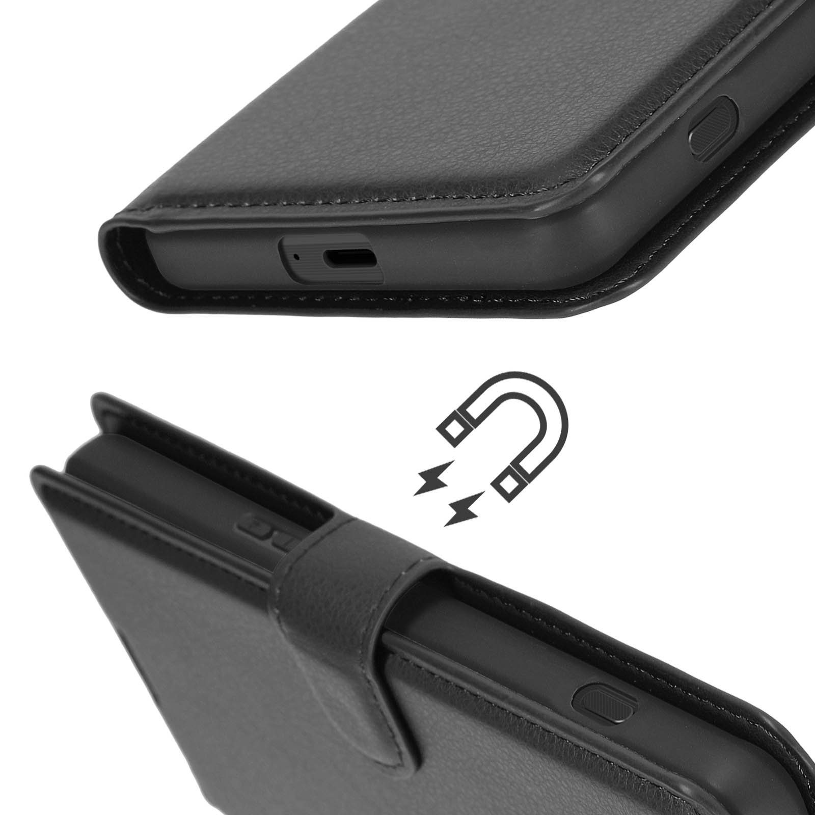 Nahaufnahmen einer schwarzen Handyhülle, Ladeanschluss und Magnetverschlussdetail zeigend.