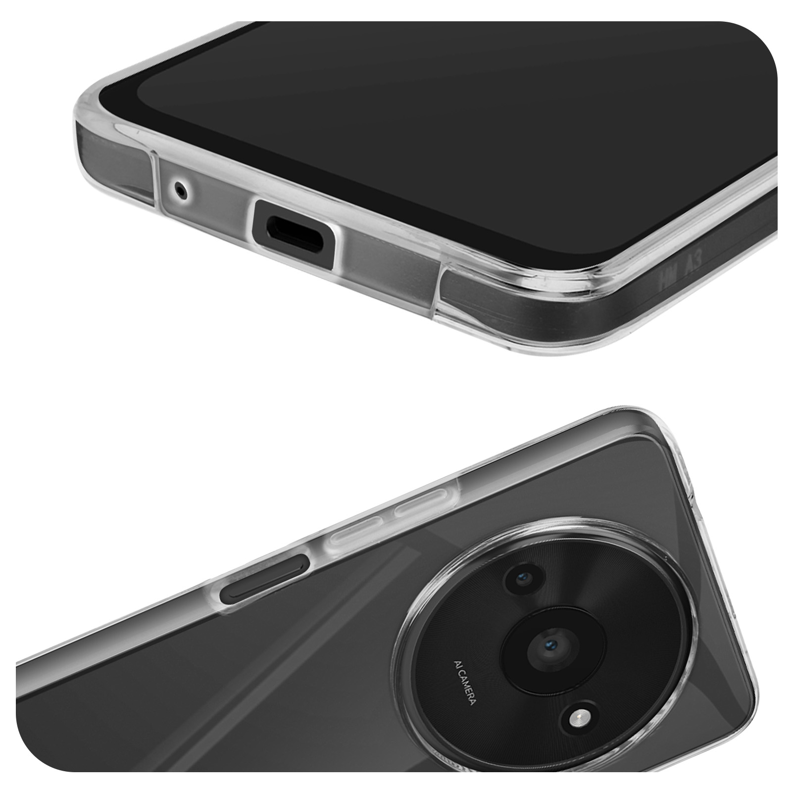 Primo piano di una custodia trasparente per telefono, mostra porte e fotocamera.