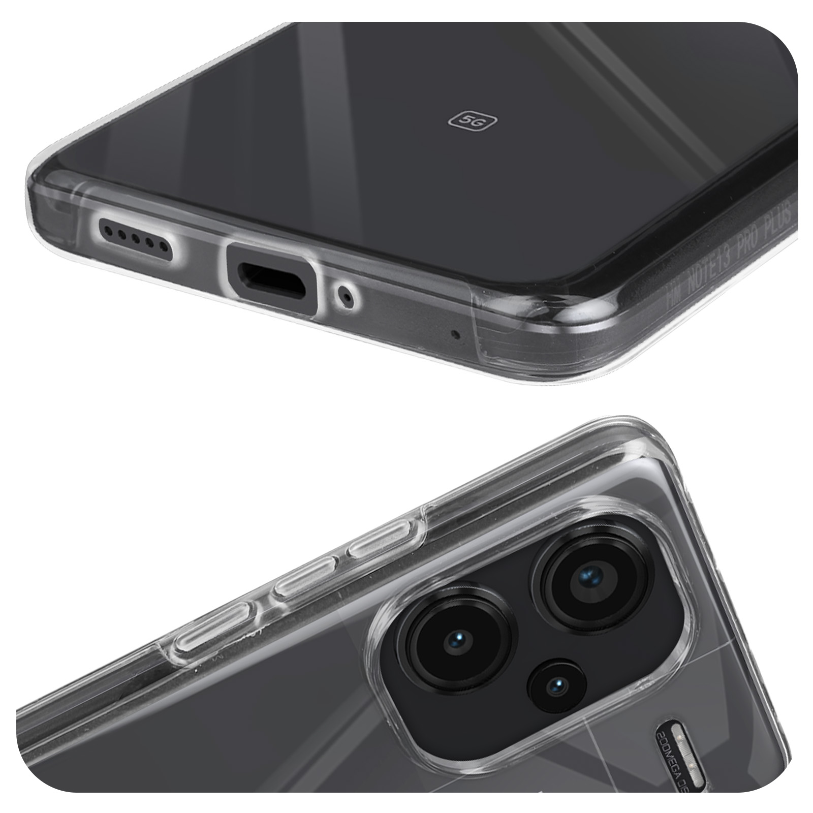 Primo piano di un telefono, che mostra l'array della fotocamera e le porte inferiori. Il telefono è trasparente.