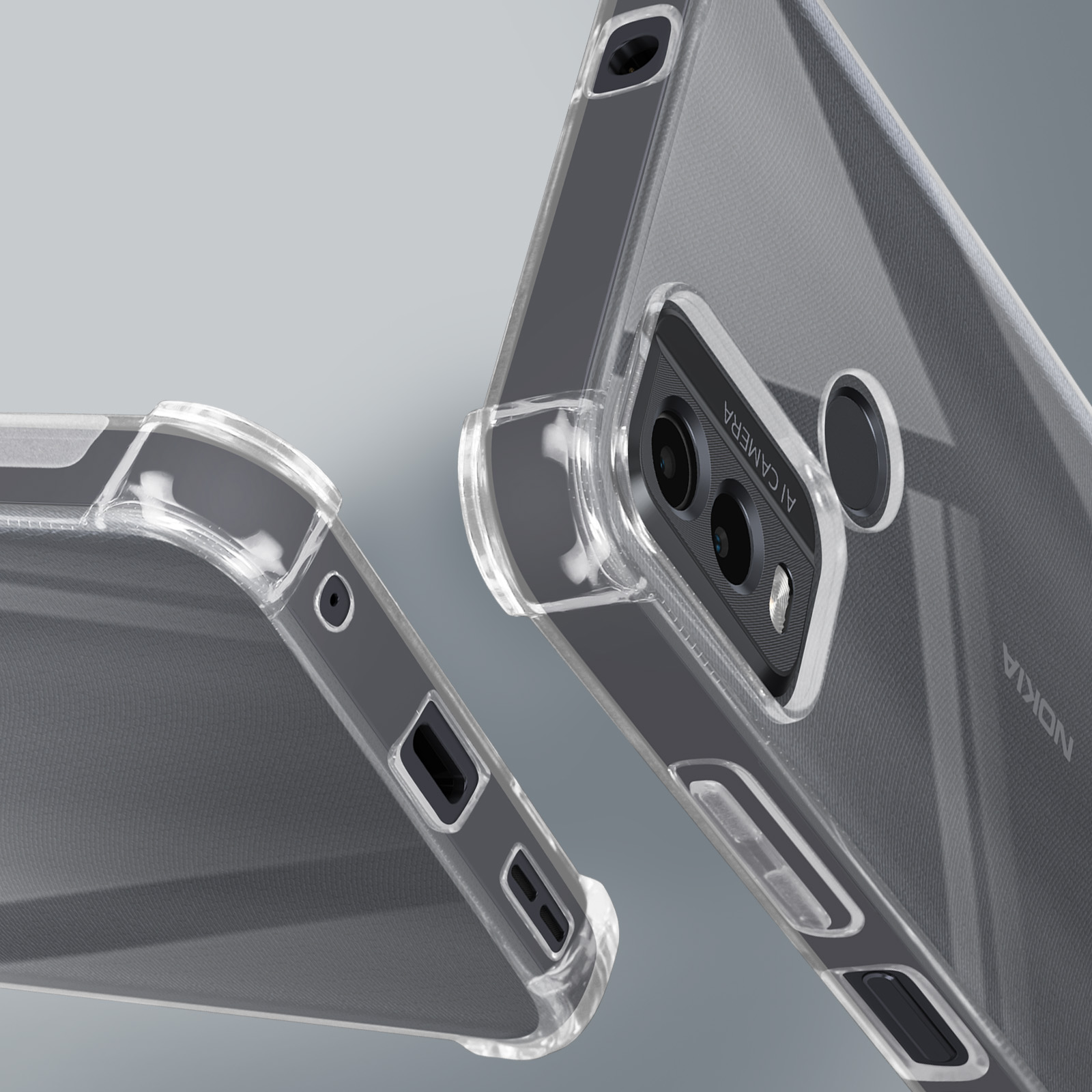 Custodia trasparente per telefono. Primo piano che mostra ritagli per fotocamera e porta.