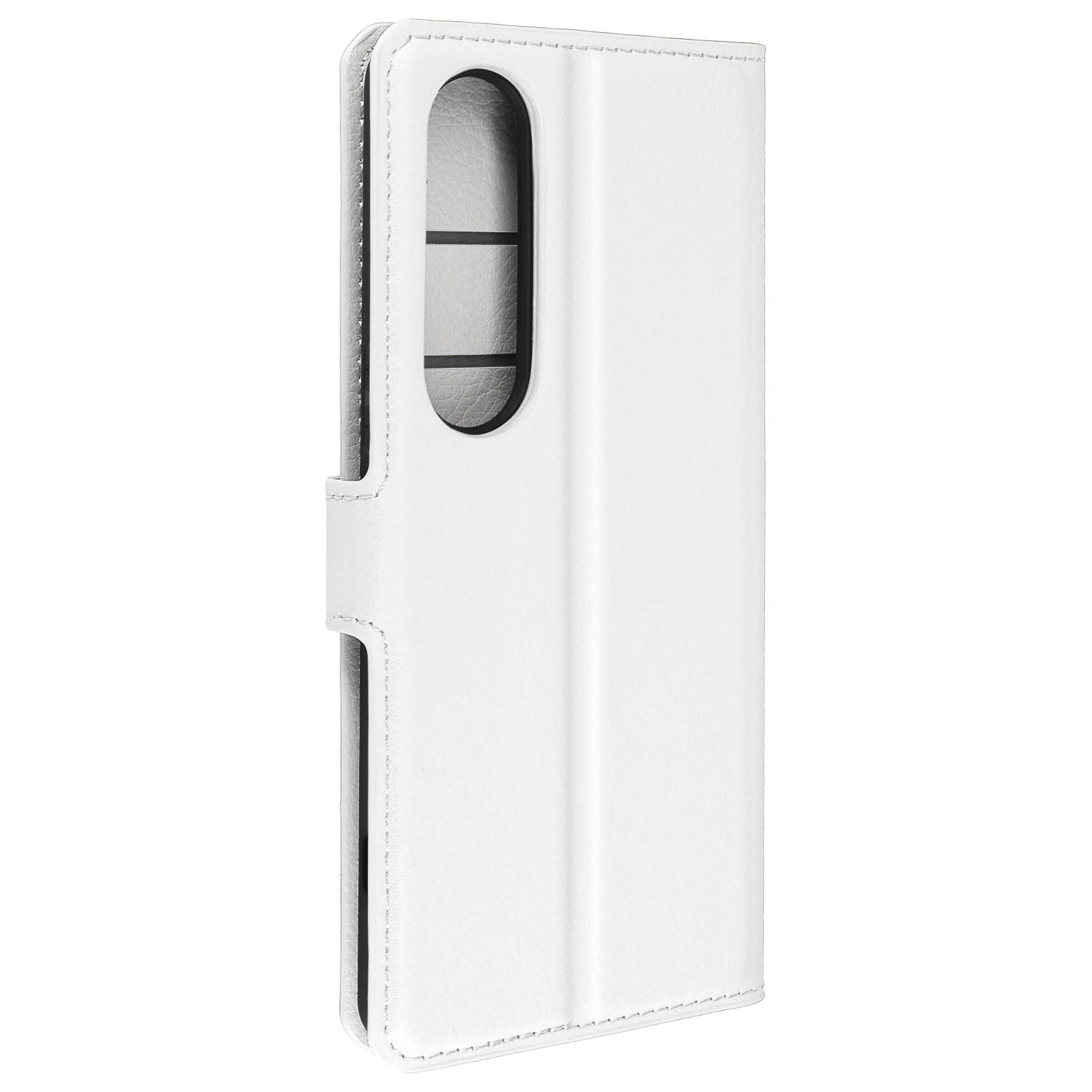 Custodia per telefono in pelle bianca, aperta, con interno.