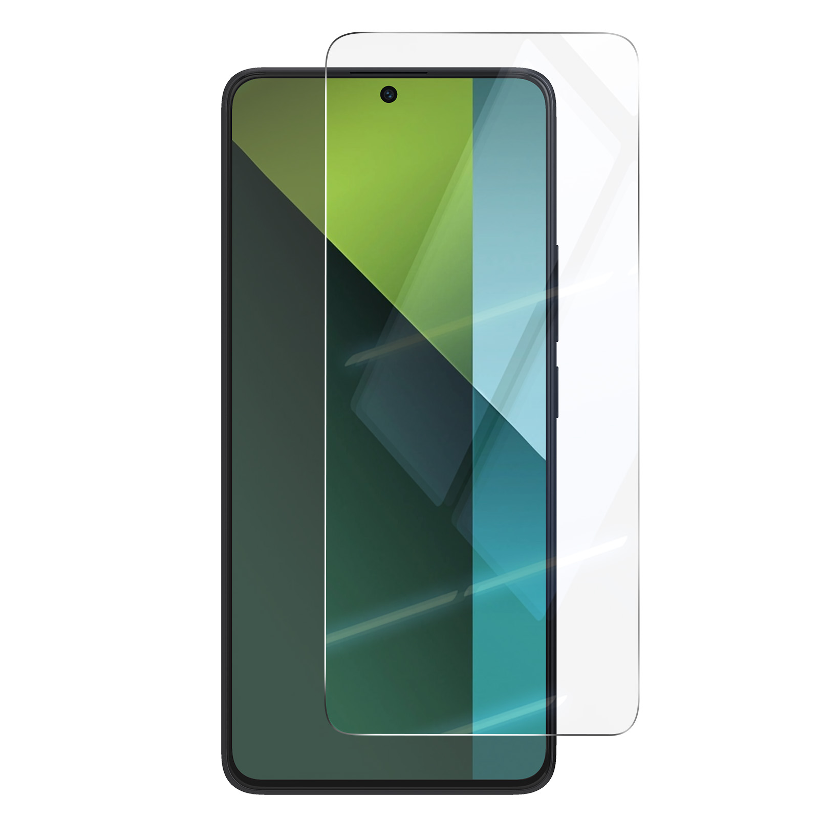 Uno smartphone con un proteggi schermo applicato, che mostra uno sfondo astratto verde e blu.