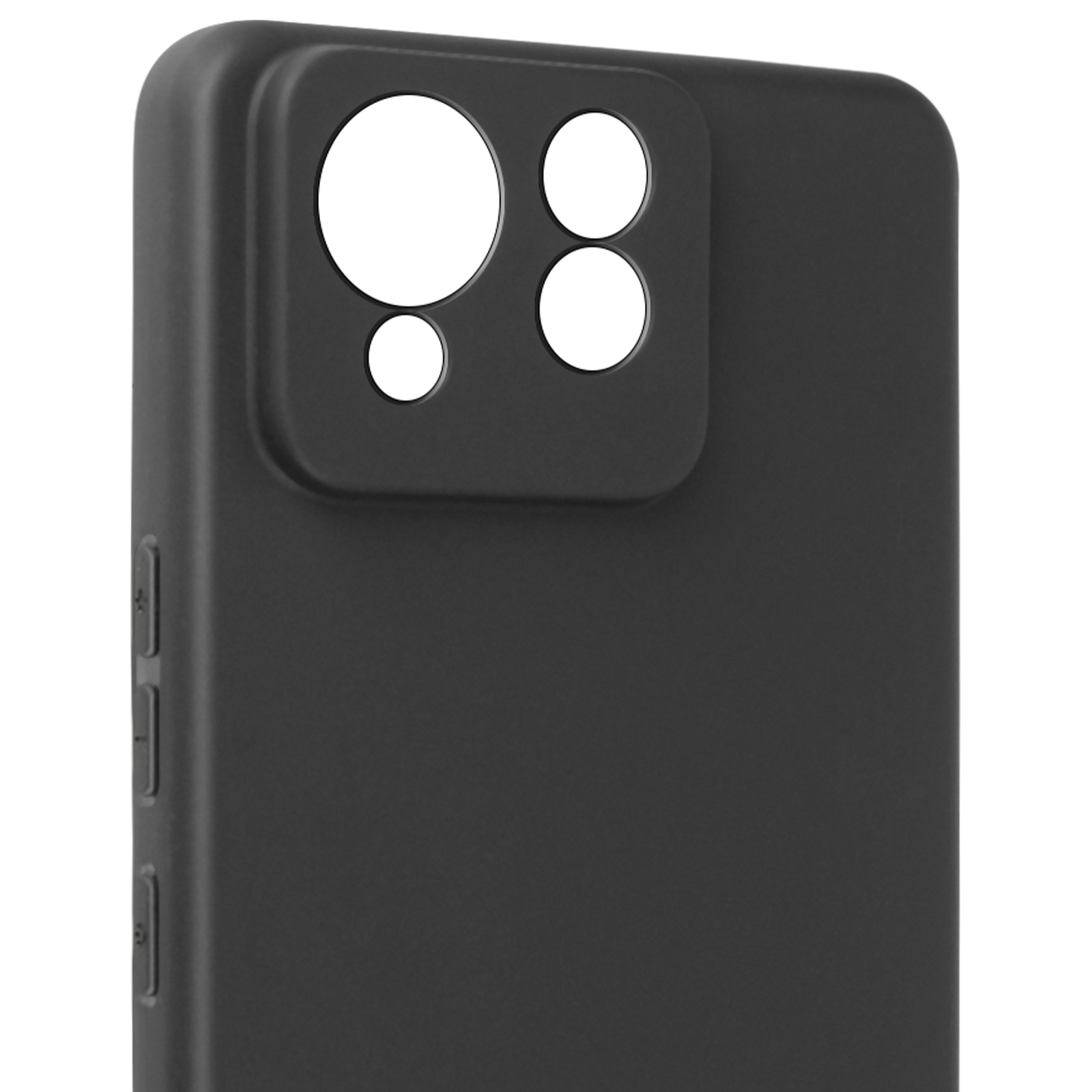 Una funda negra para teléfono con recortes para la cámara.