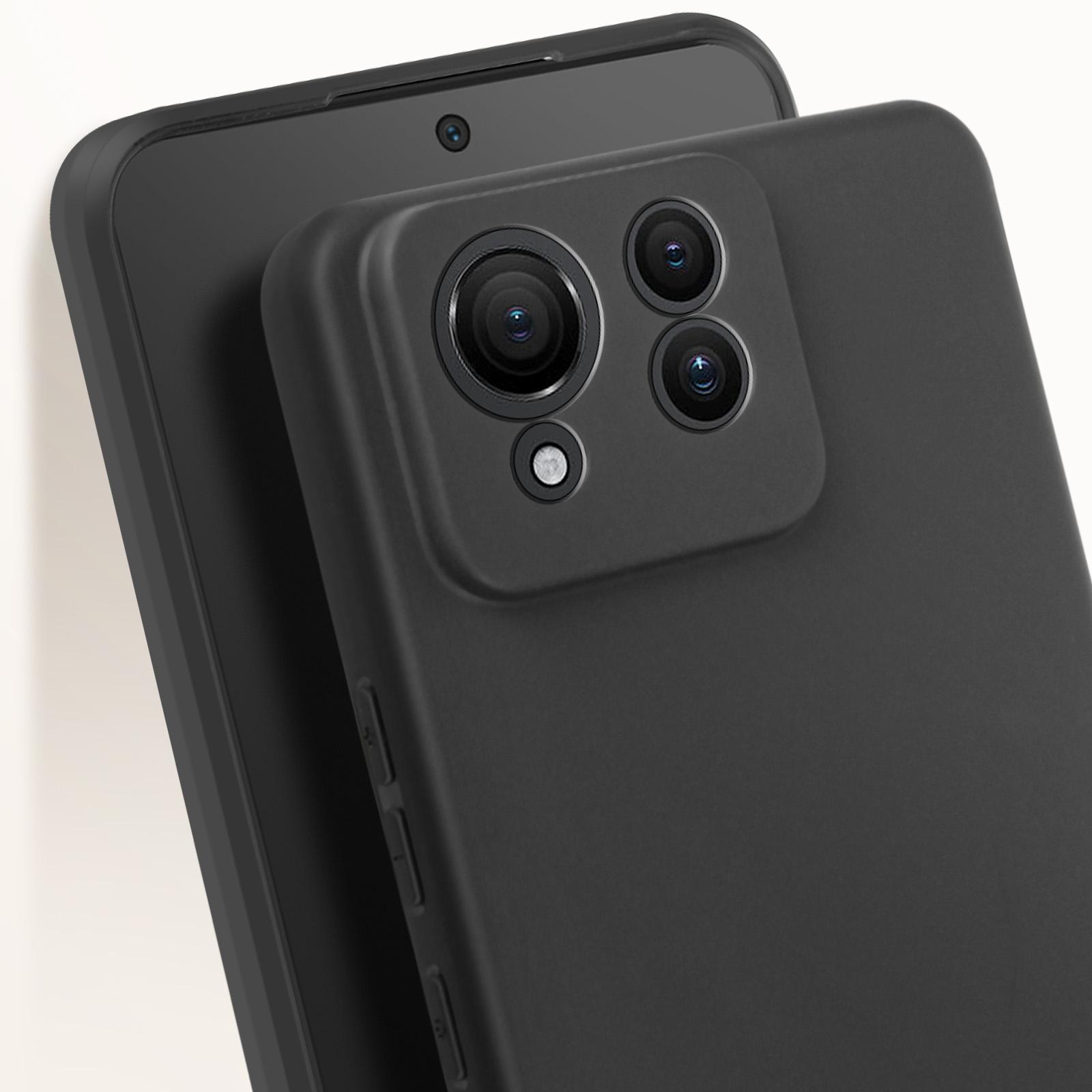 Se ven dos teléfonos negros, uno apilado sobre el otro. El teléfono superior tiene múltiples lentes de cámara.