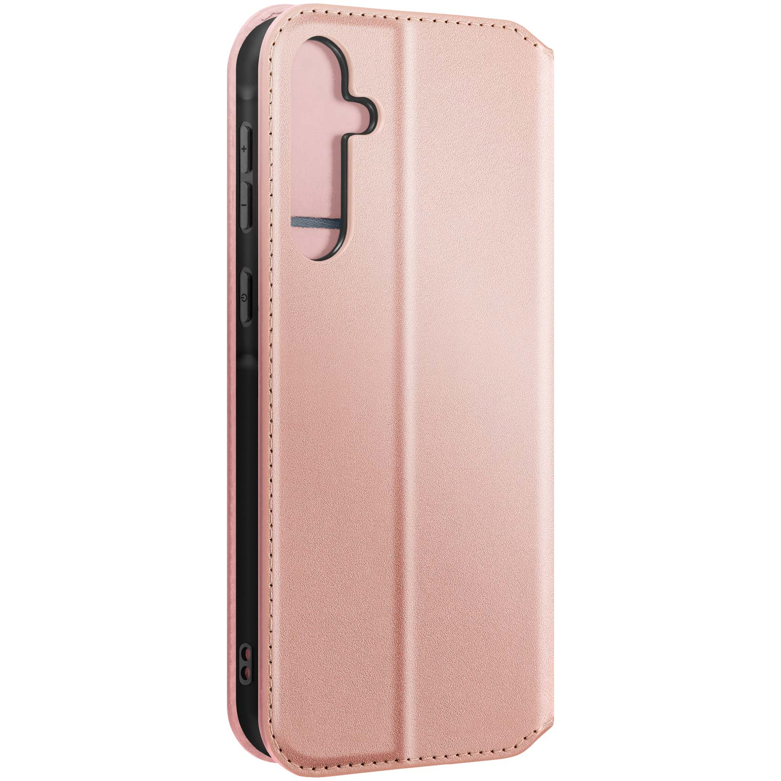 Una custodia per telefono rosa, simile alla pelle. La custodia ha una copertura, un ritaglio per la fotocamera e un foro.