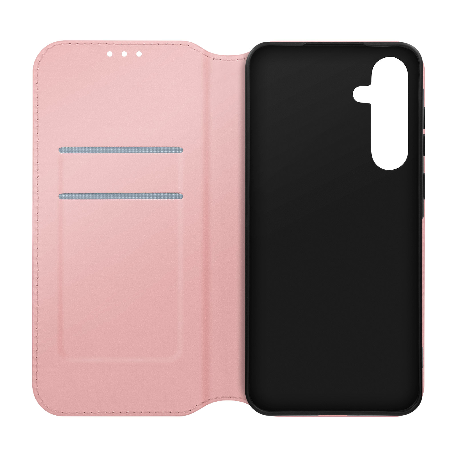 Custodia per telefono rosa, aperta per rivelare il supporto per telefono e gli slot per schede.