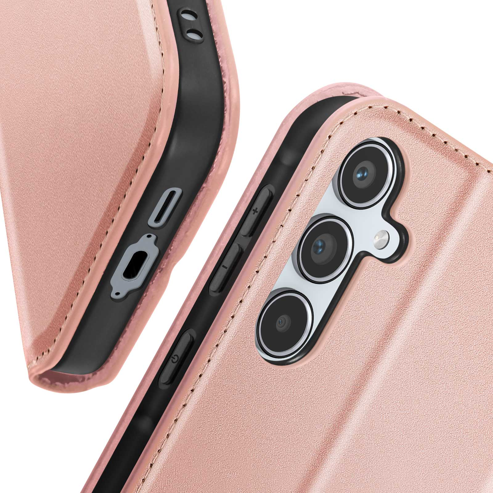 Custodia per telefono oro rosa con ritagli per fotocamera, pulsanti laterali. Interno nero.