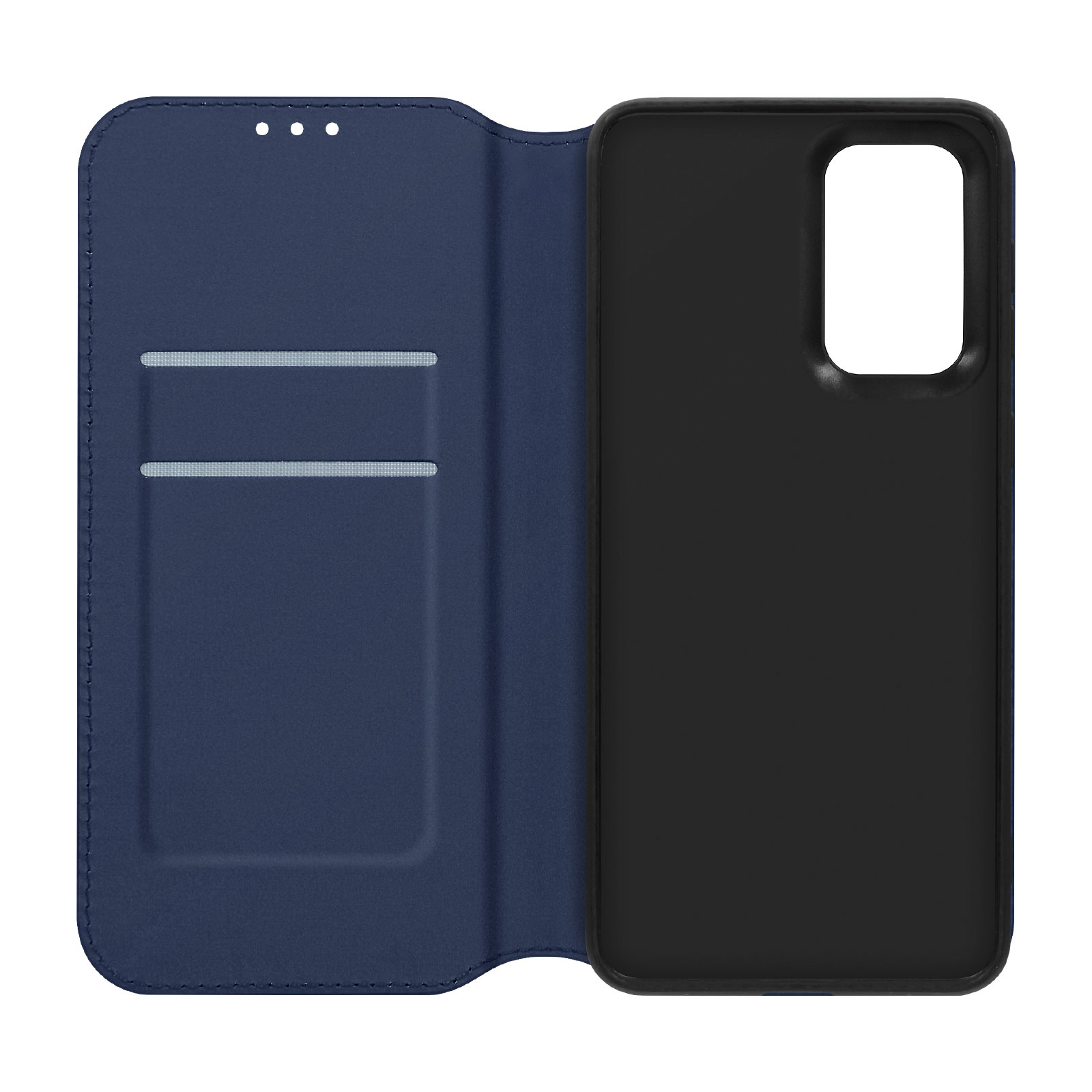 Geöffnete blaue Handyhülle mit Kartenfächern, schwarzes Handy-Innere, weißer Hintergrund.