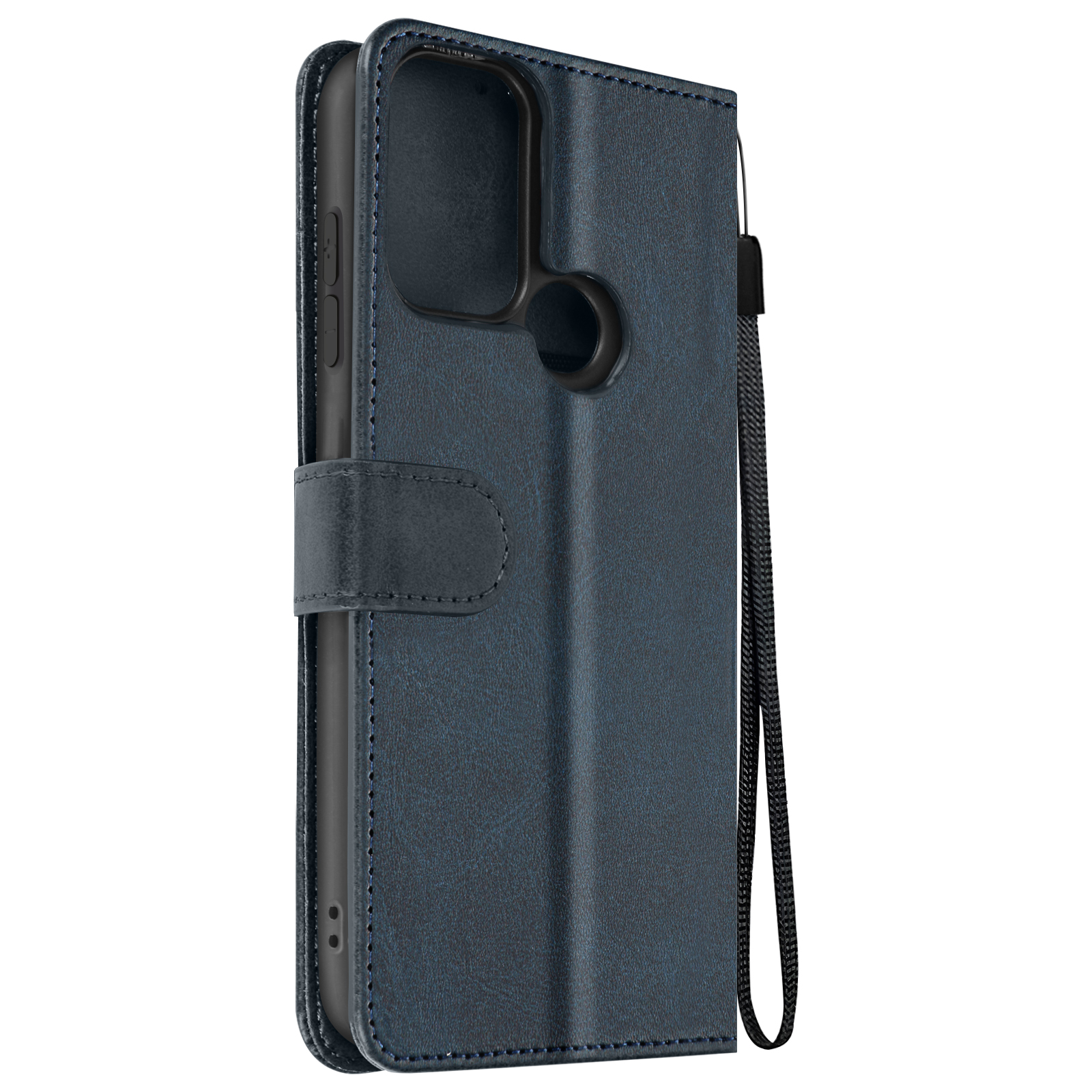 Custodia blu per telefono con cinturino.