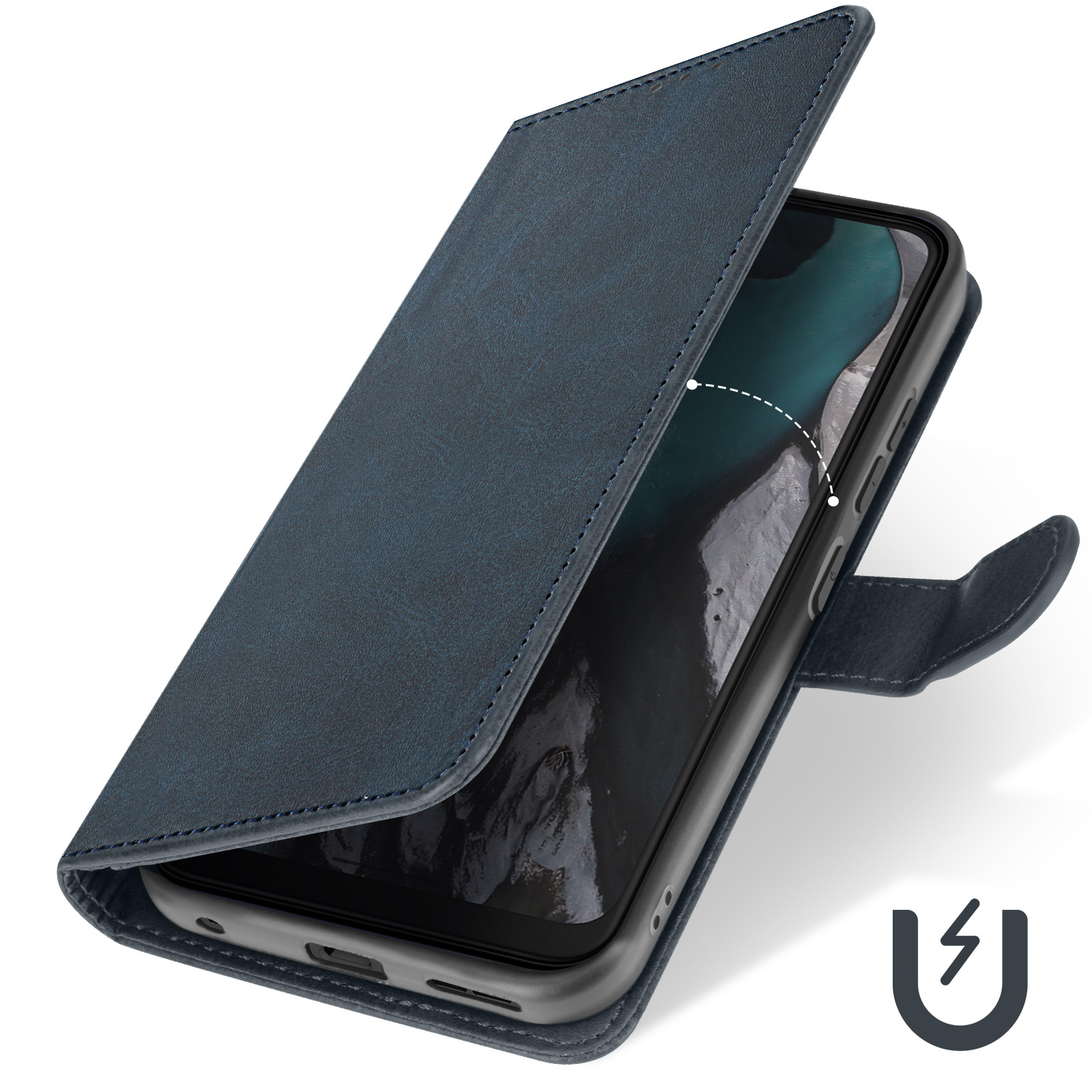 Una custodia blu per telefono, aperta, che mostra un telefono. Simbolo magnetico visibile.