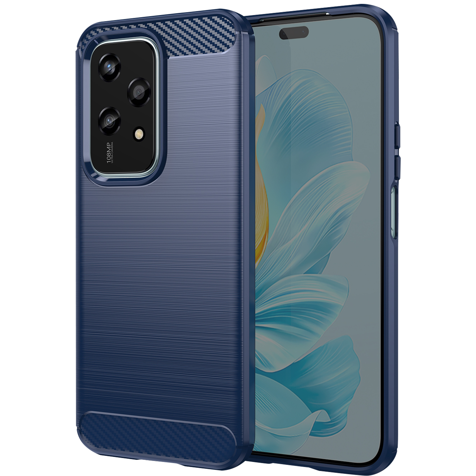 Custodia blu per telefono. Mostra la fotocamera e fibra di carbonio.