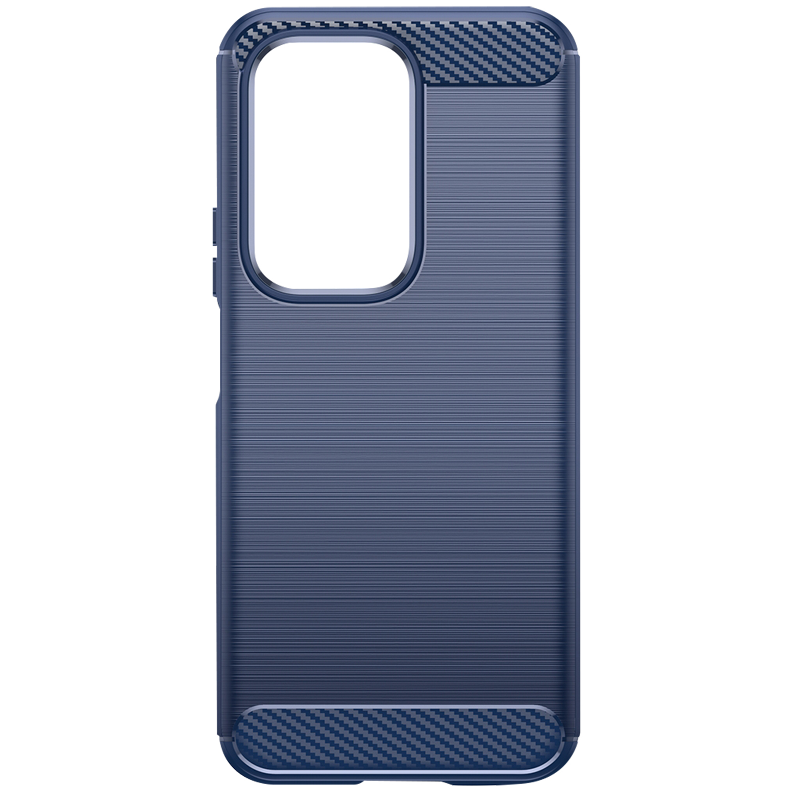 Una custodia per telefono blu con retro strutturato blu scuro e fibra di carbonio sopra e sotto.