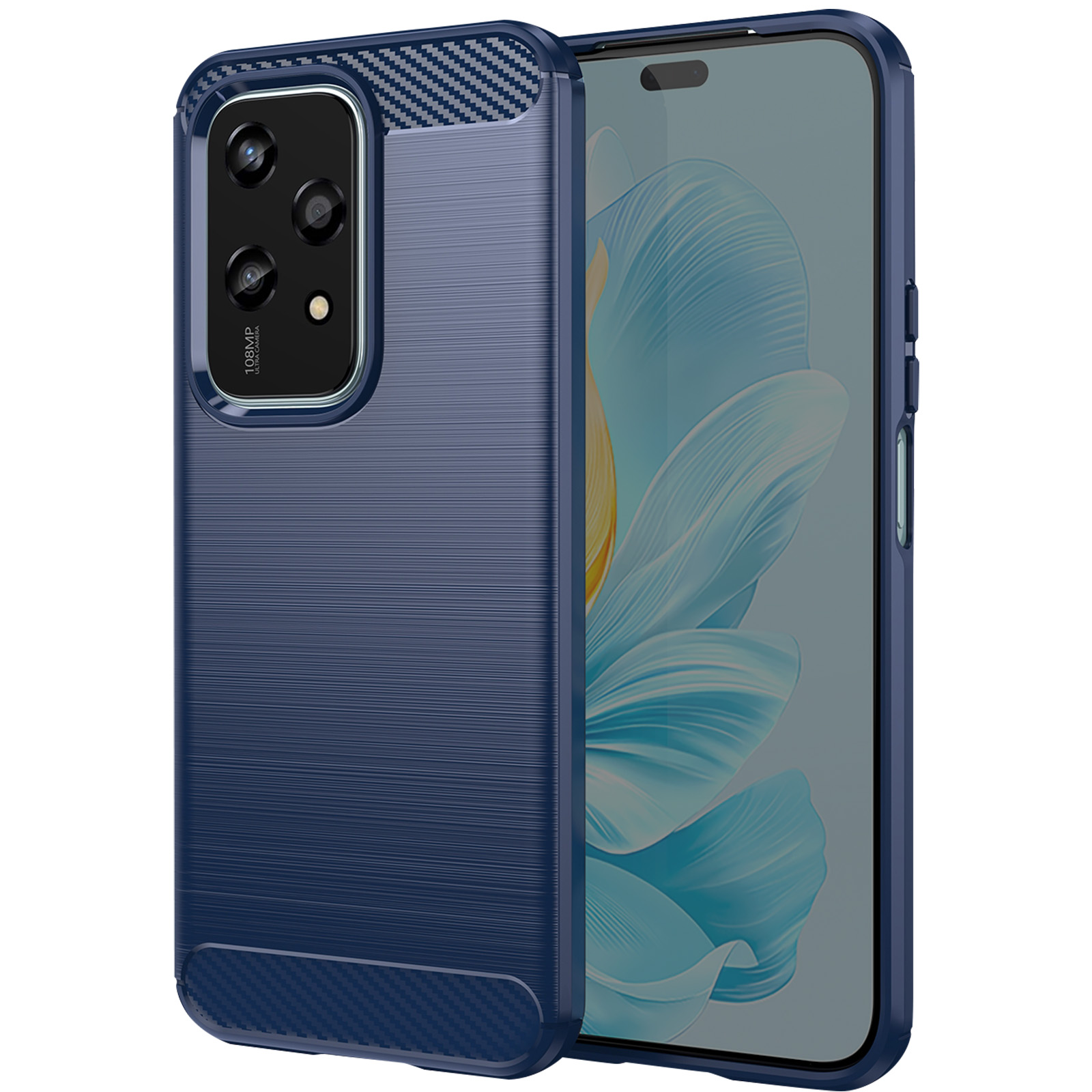 Una custodia blu per telefono con retro strutturato e ritaglio per la fotocamera. La custodia è su un telefono.