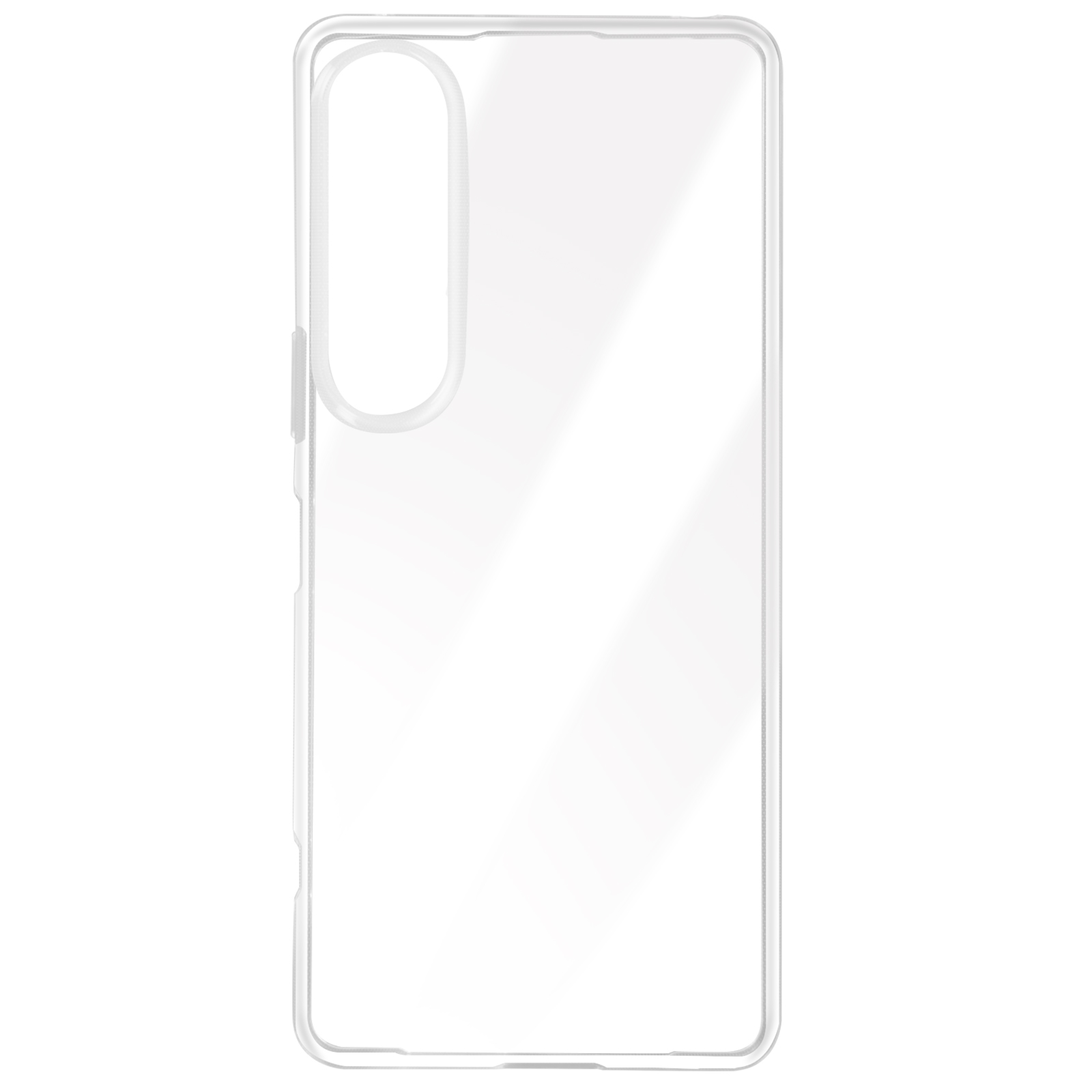 Una custodia trasparente per telefono con ritaglio per la fotocamera e copritasti. Su sfondo bianco.