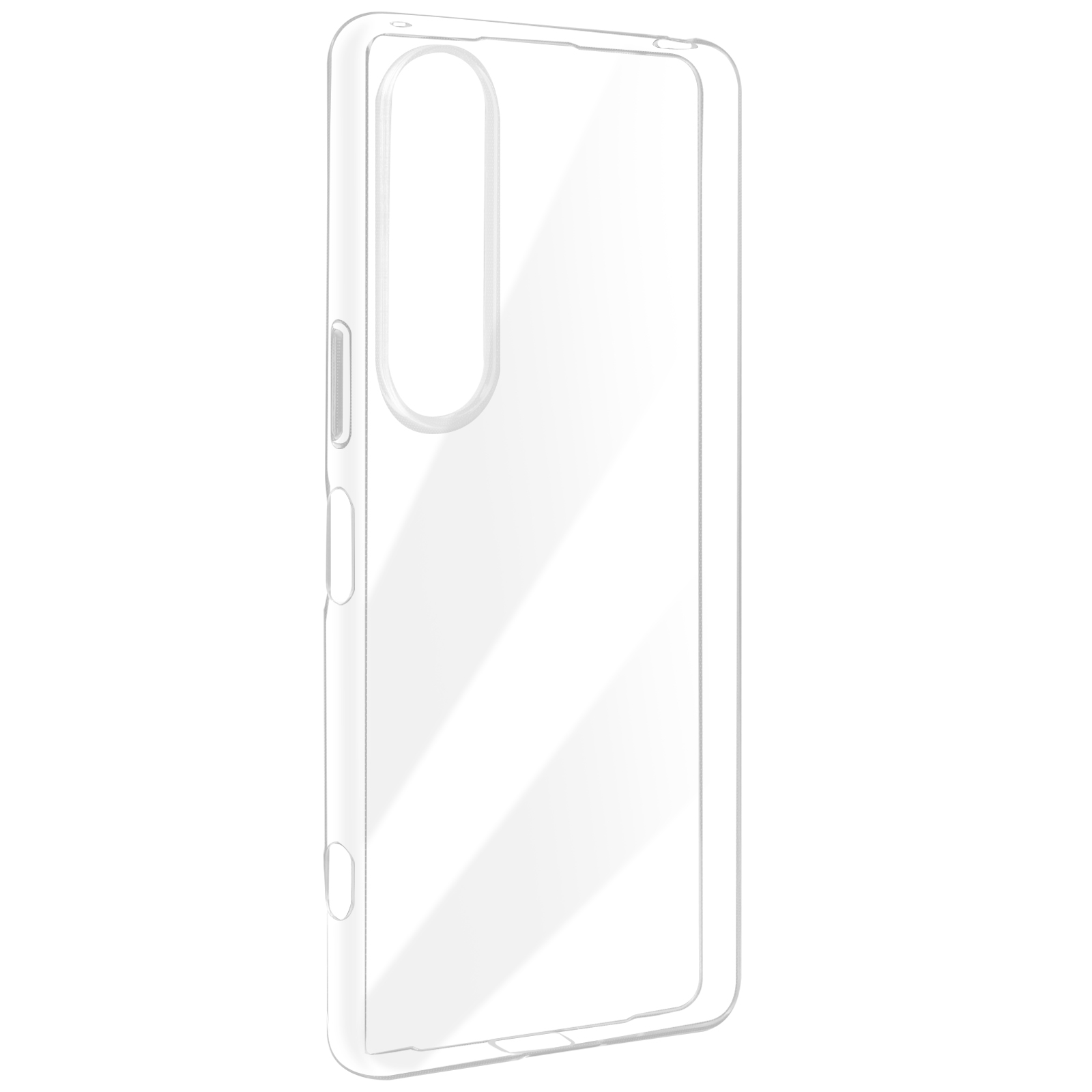 Una custodia trasparente per telefono, vista lateralmente, su sfondo bianco.