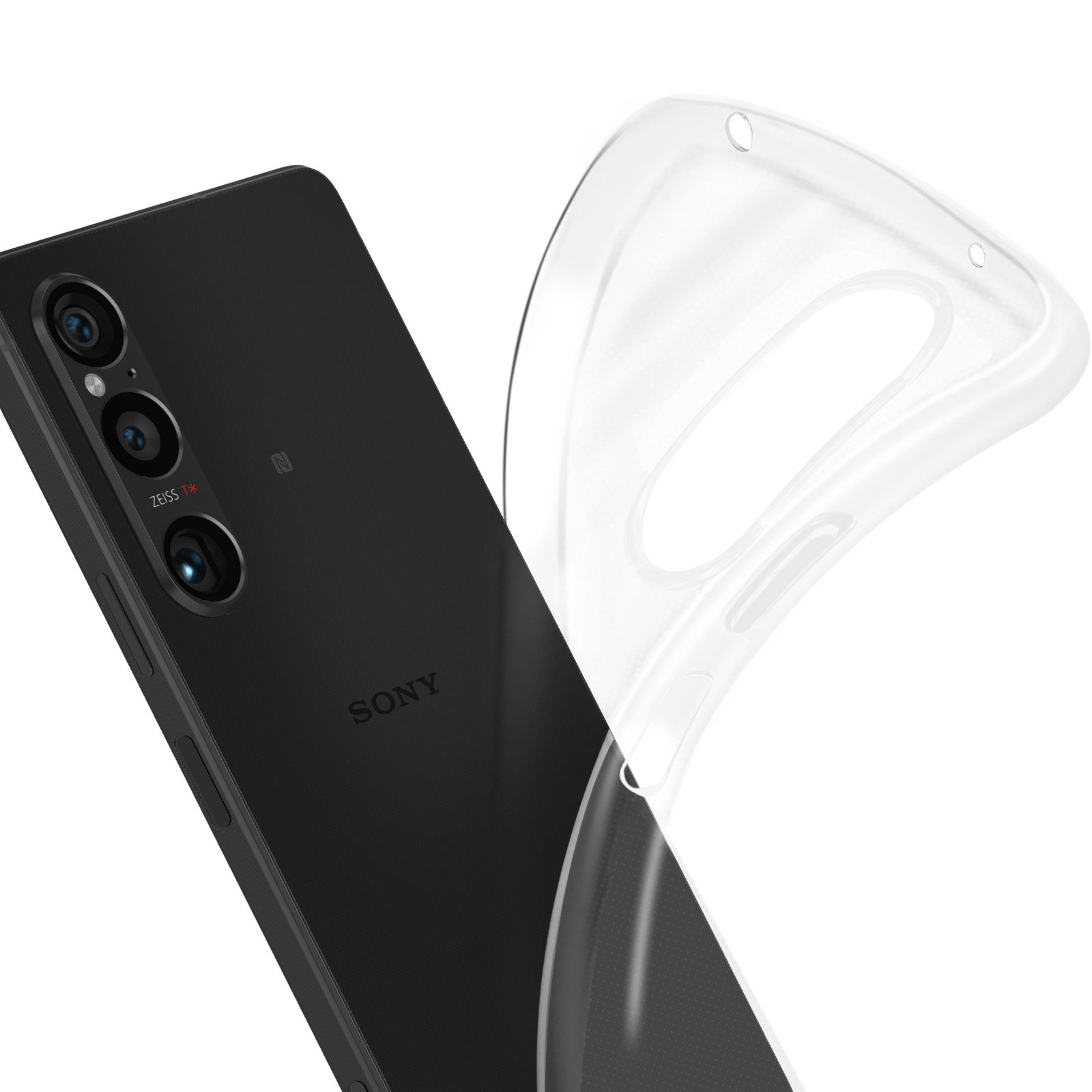 Telefono Sony nero con più fotocamere posteriori e custodia protettiva trasparente. Logo Sony visibile.