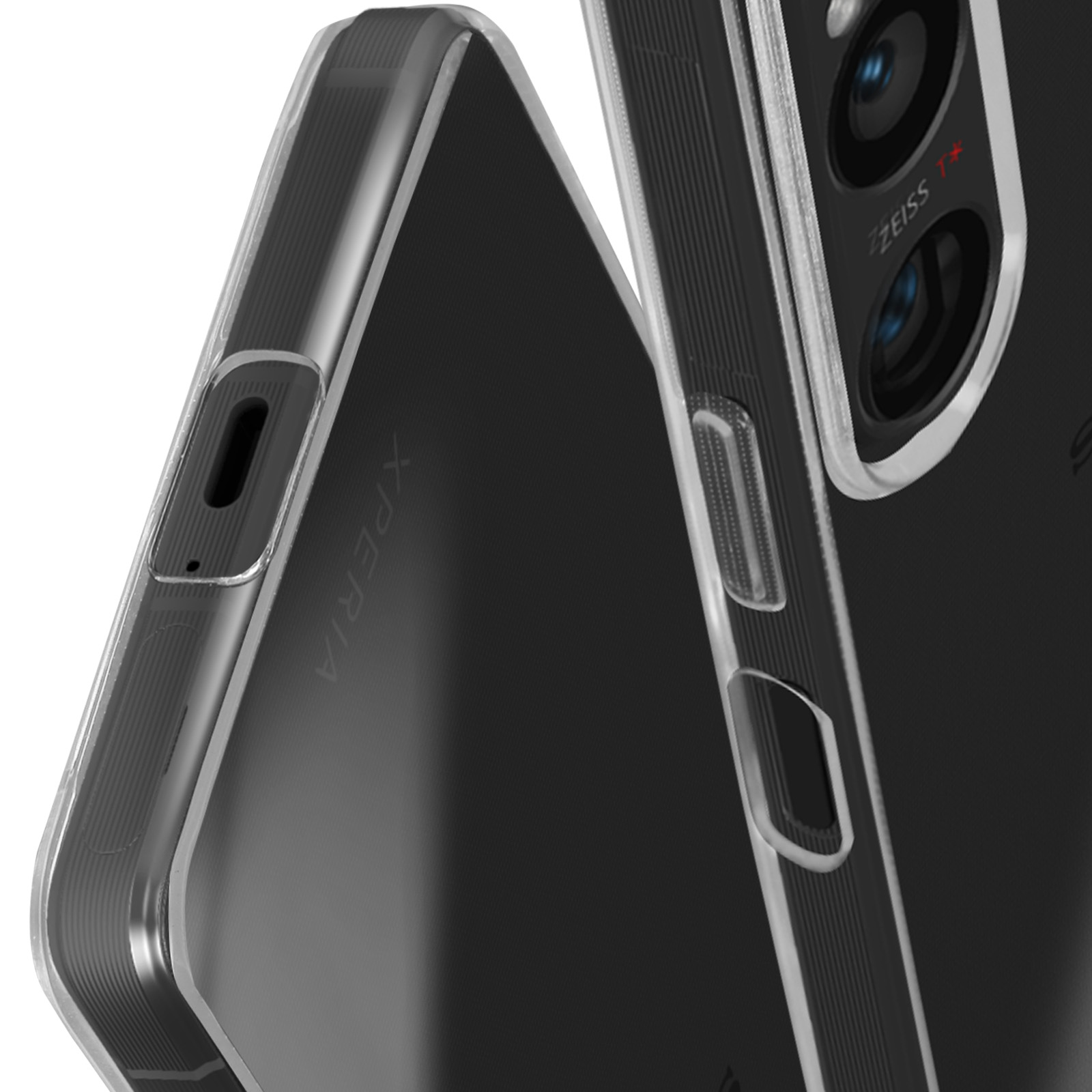 Primo piano di un telefono, che mostra la parte posteriore e laterale, con una custodia trasparente. Le lenti della fotocamera sono visibili.