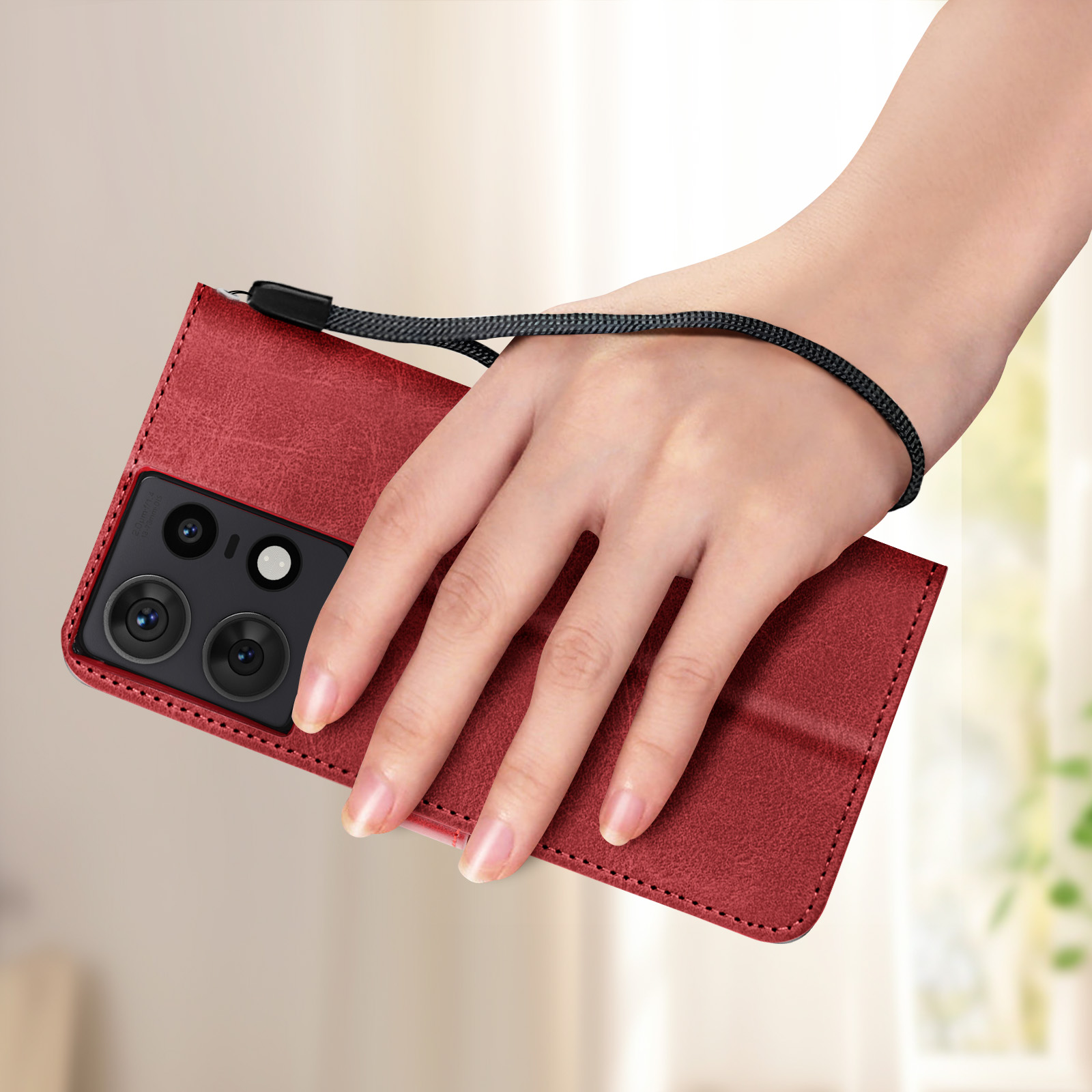Una mano tiene una custodia per telefono rossa con un cordino nero. La custodia ha un telefono con fotocamere.