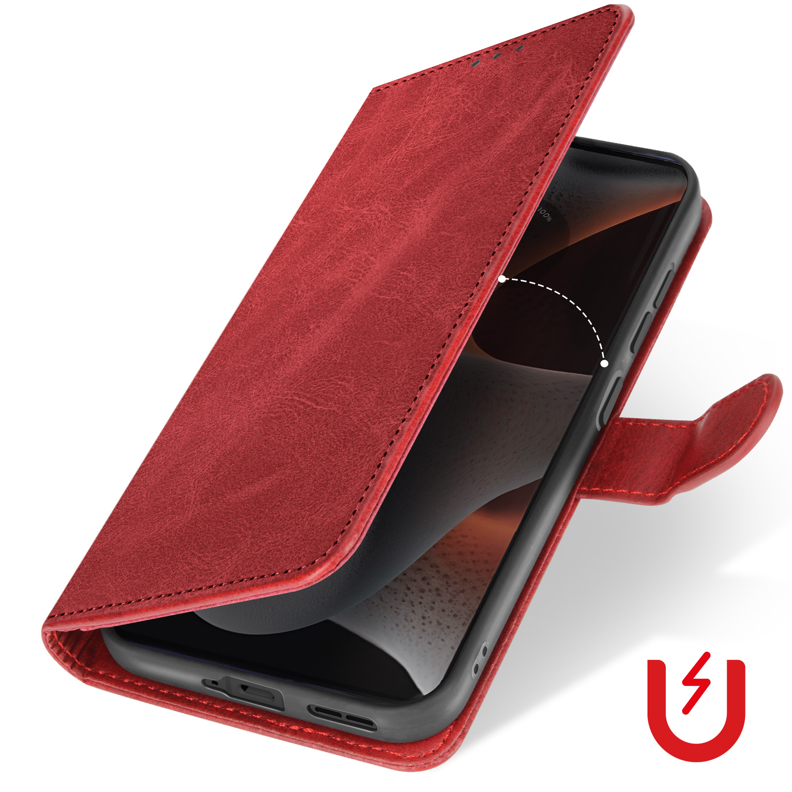 Custodia per telefono in pelle rossa, aperta. Rivela un telefono all'interno. La custodia ha una chiusura magnetica.