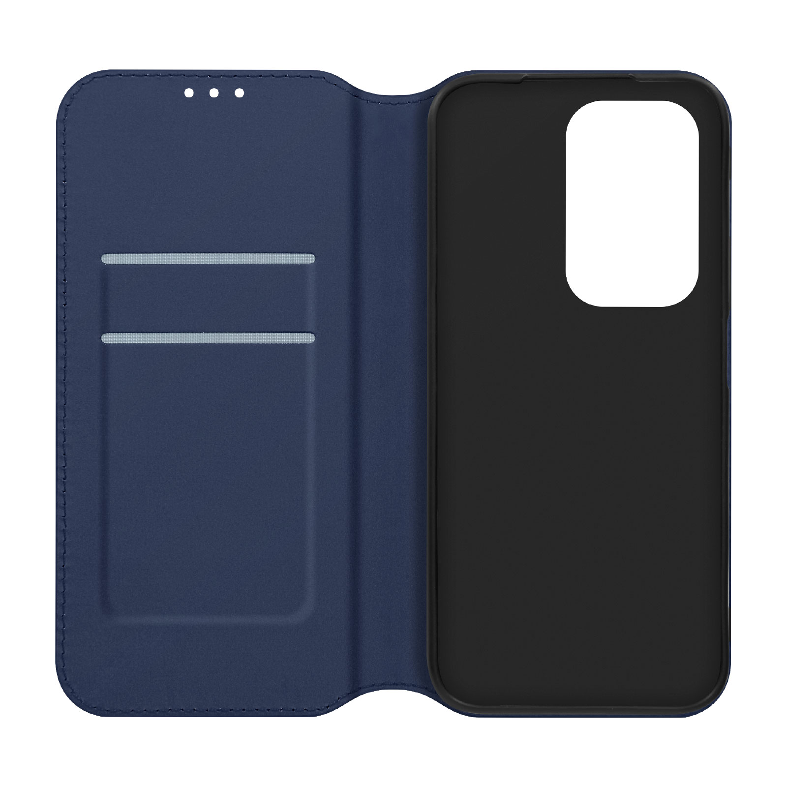 Custodia per telefono blu con fessure per carte, aperta, che mostra l'interno.