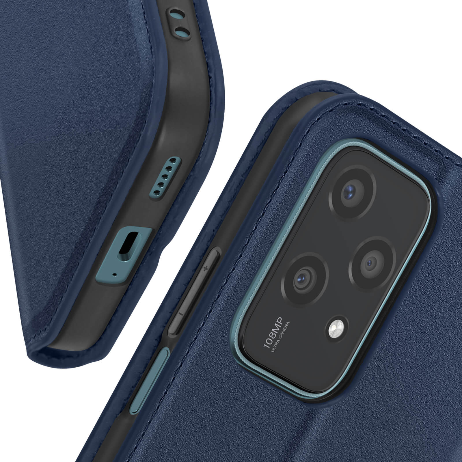 Primo piano di una custodia blu per telefono con fotocamera e pulsanti visibili.