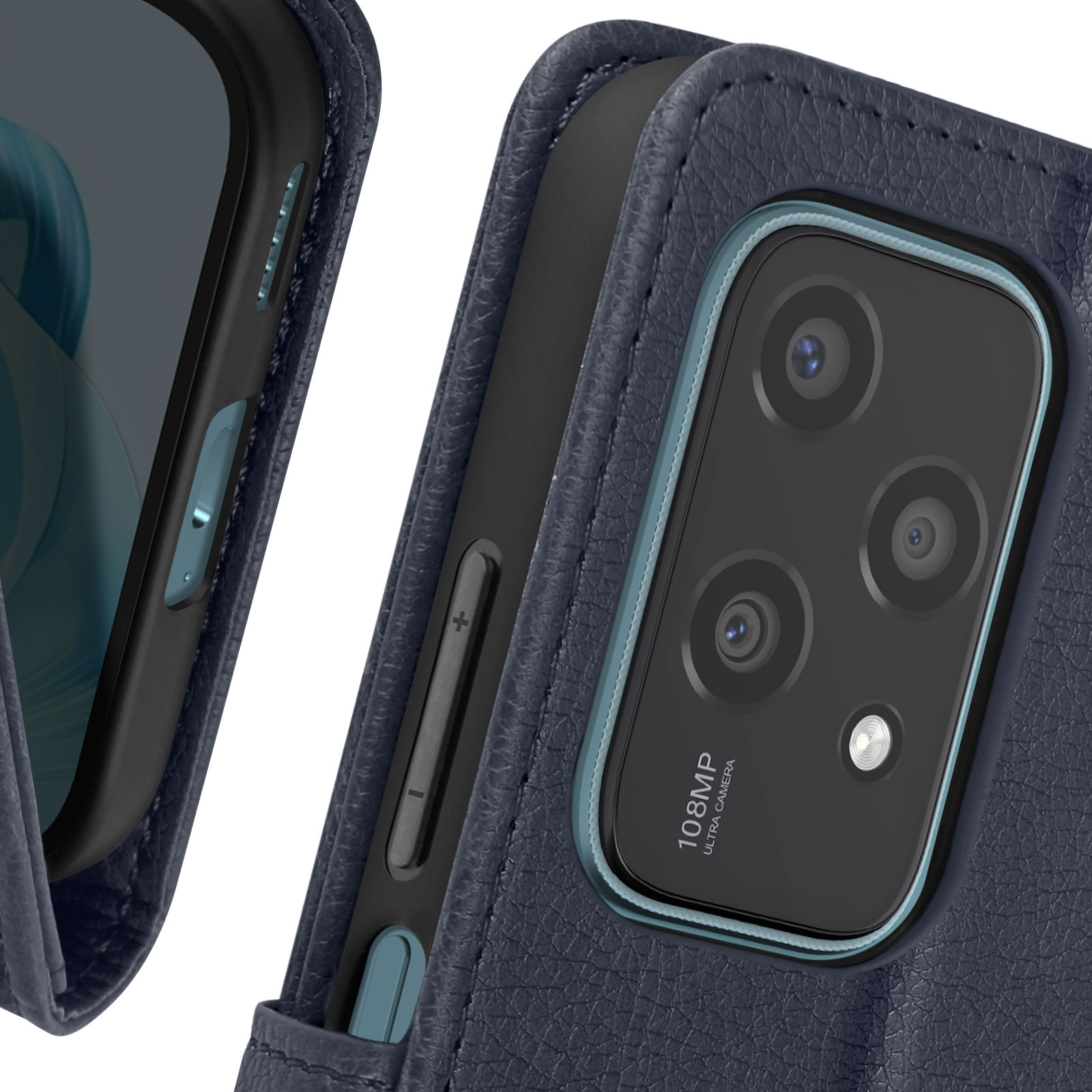 Nahaufnahme einer blauen Handyhülle, die ein Telefon mit Kamera und Lautstärketasten schützt.