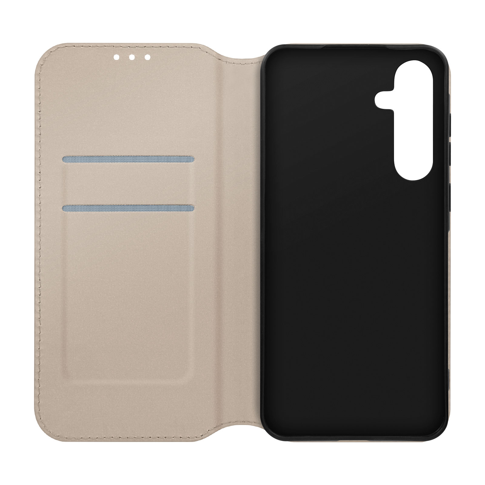 Custodia per telefono beige aperta con interno nero, fessure per carte di credito e telefono nero.