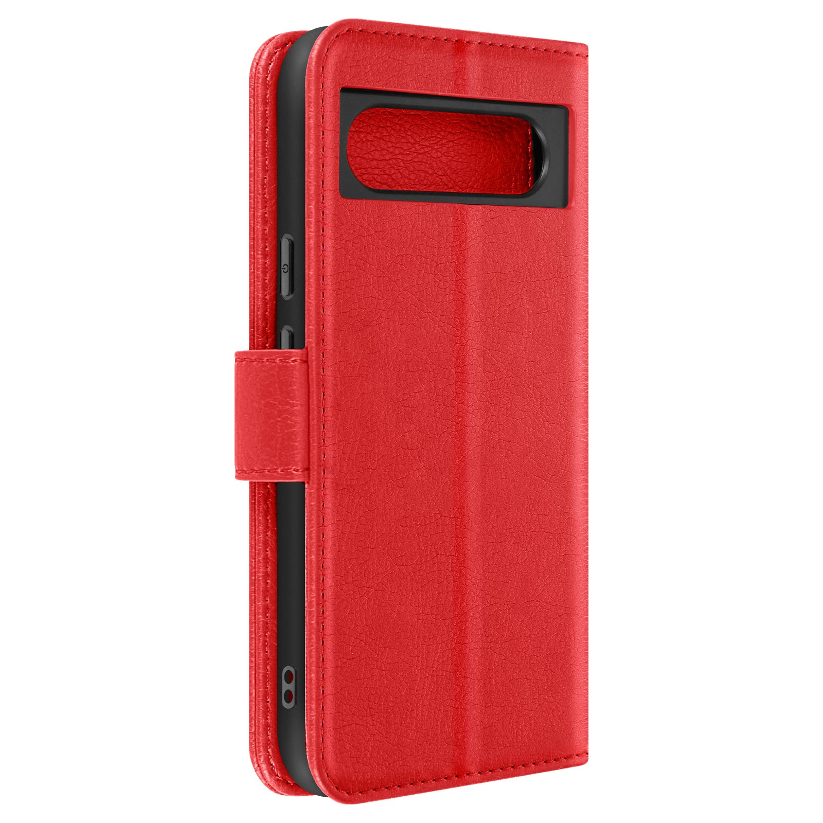 Custodia per telefono in pelle rossa, aperta, con interno nero e fotocamera visibile.