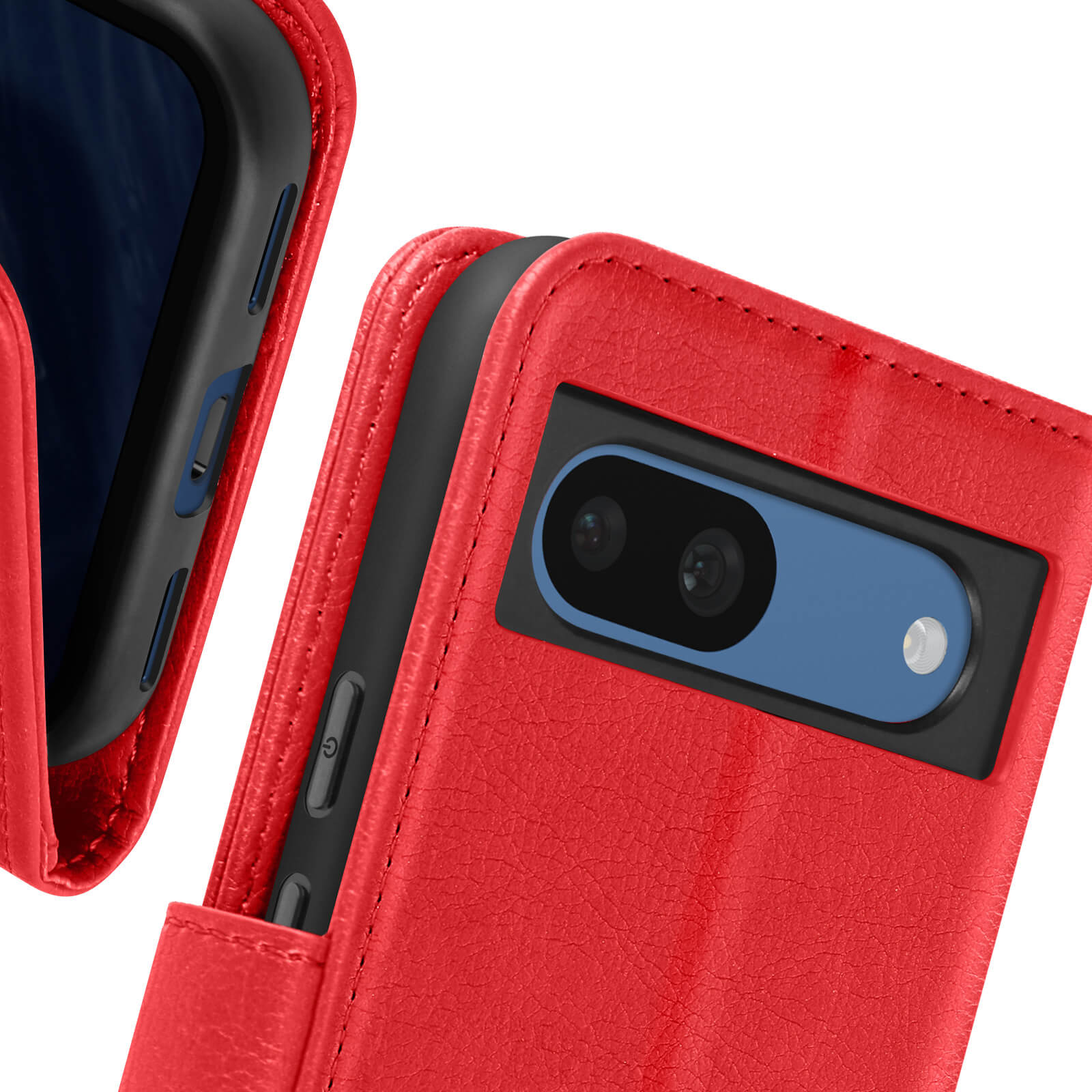 Custodia rossa per telefono con un telefono all'interno. La custodia è aperta, mostrando le fotocamere e il pulsante di accensione del telefono.