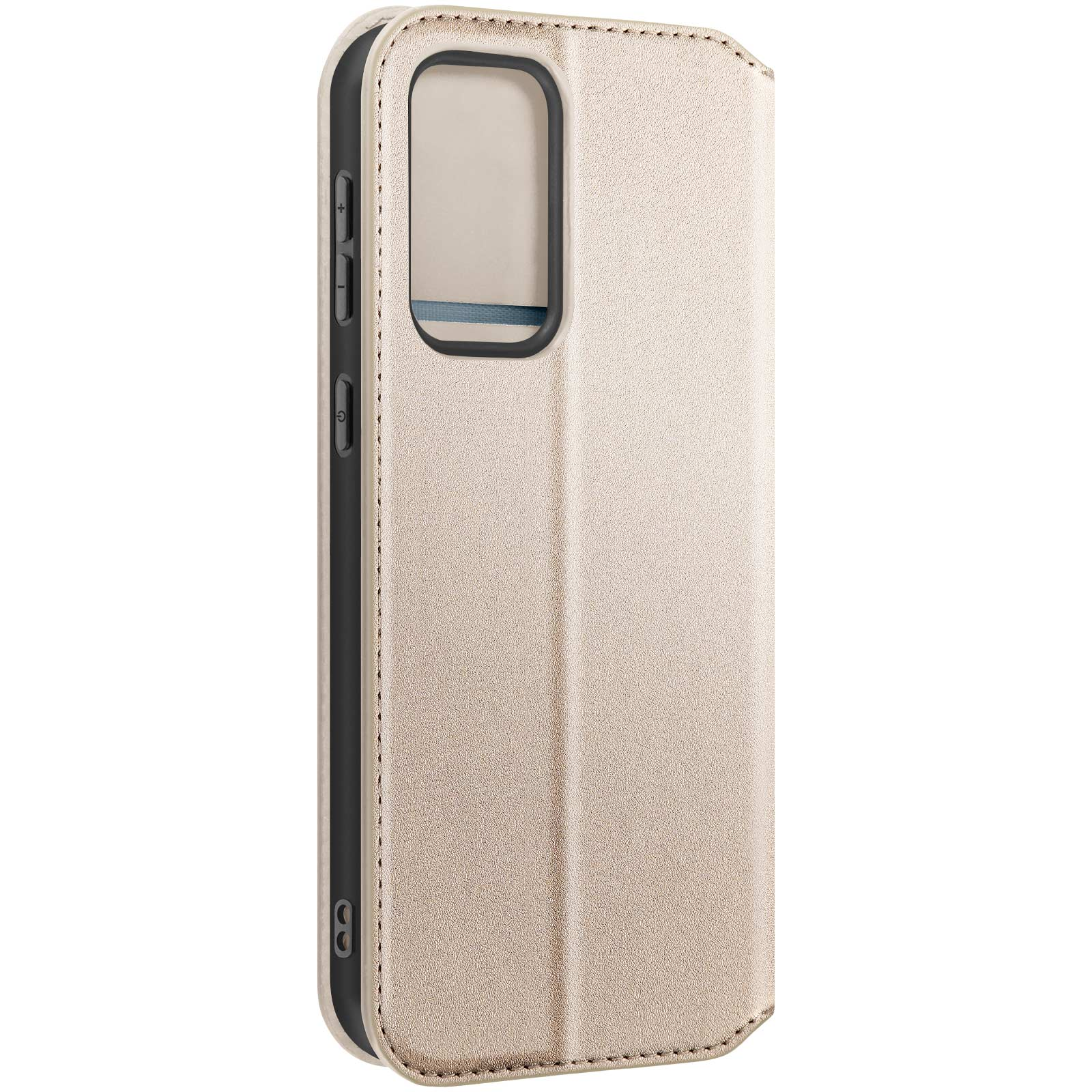 Una custodia beige per telefono con un ritaglio per la fotocamera e un bordo nero.