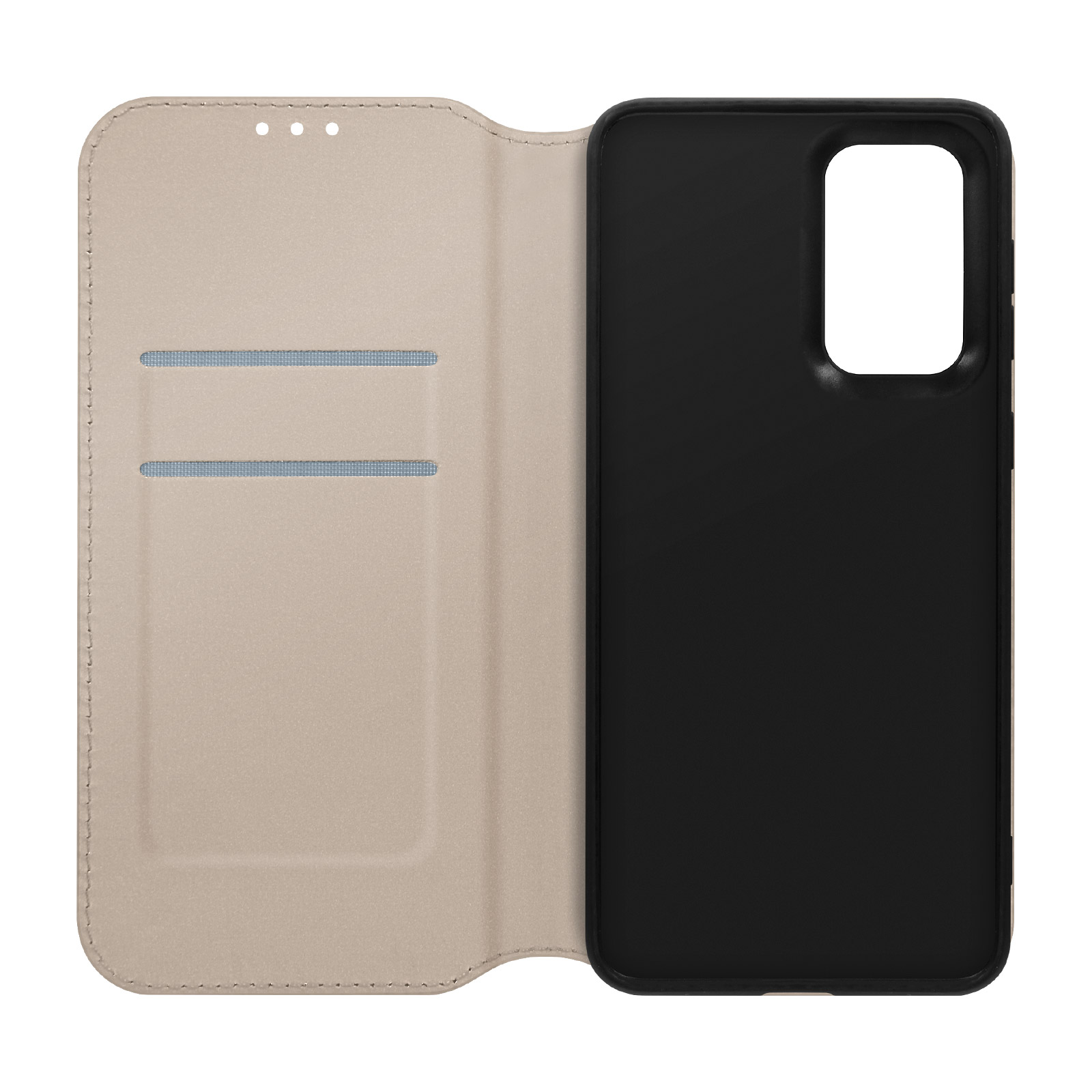 Custodia del telefono aperta. Copertina beige con fessure per carte e supporto per telefono nero, con ritaglio per la fotocamera.