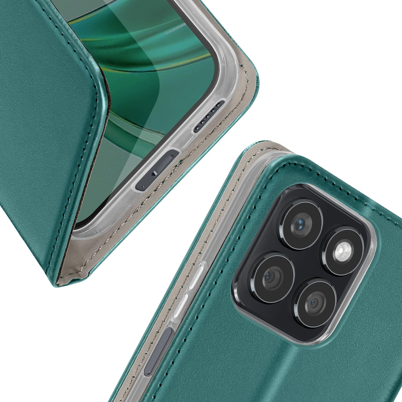 Nahaufnahme der Handyhülle. Türkisfarbene Hülle mit dem Telefon darin. Mehrere Linsen sind sichtbar.