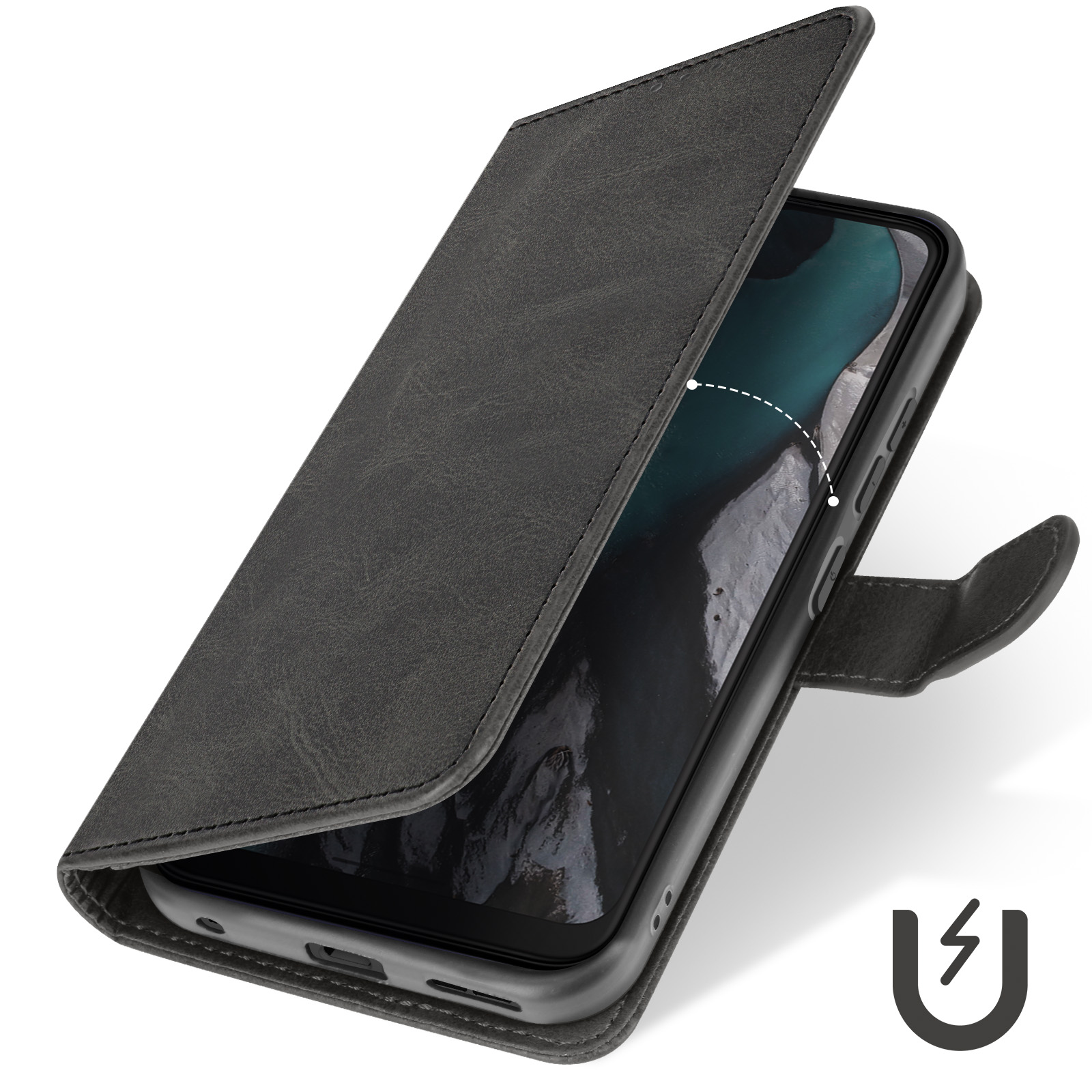 Custodia grigia aperta con telefono all'interno e simbolo magnetico.