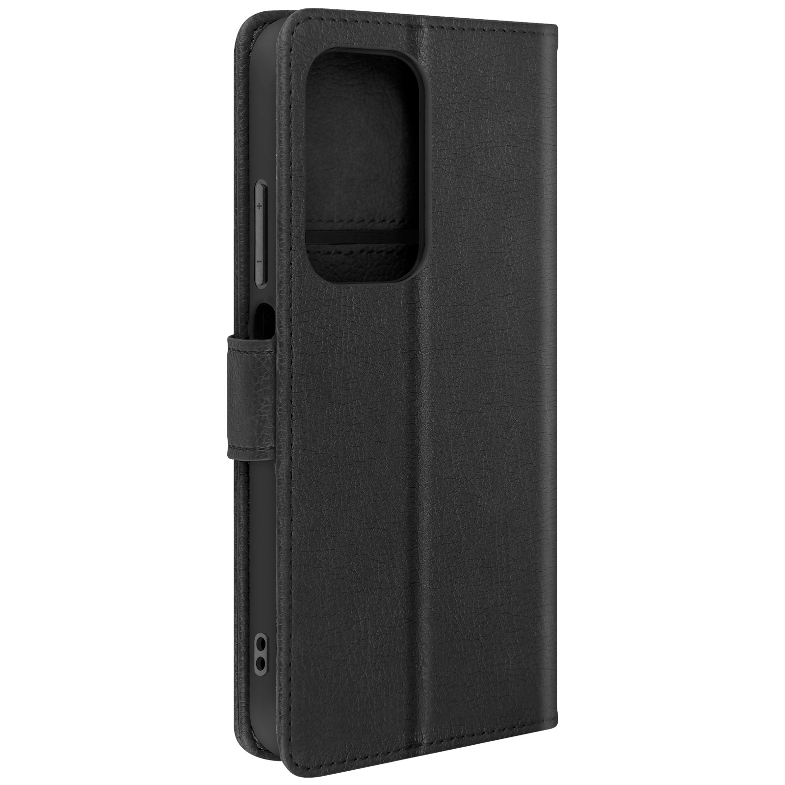 Custodia per telefono in pelle nera, stile portafoglio. Chiusa, con chiusura a bottone e telefono all'interno.