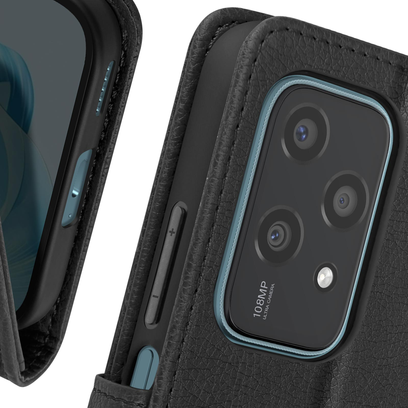 Custodia nera per telefono con modulo fotocamera, pulsanti laterali. Telefono nella custodia.