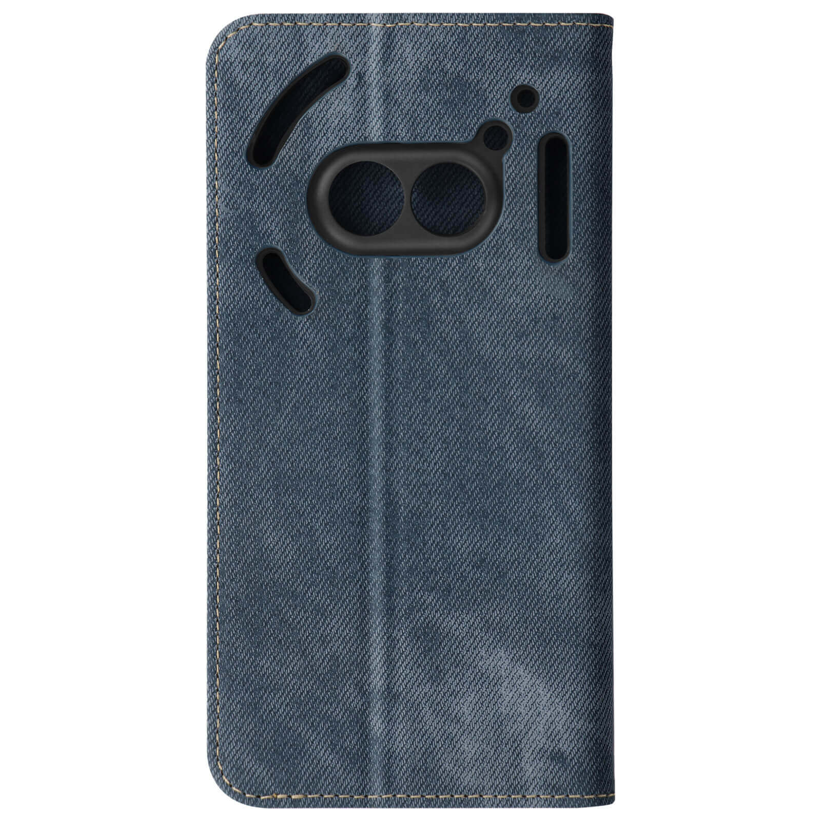 Custodia per telefono blu, design in tessuto denim, con fori per la fotocamera.