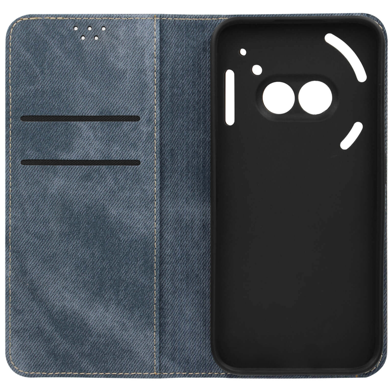 Custodia per telefono. Denim blu aperto. Interno telefono. Interno custodia nero. Sfondo bianco.