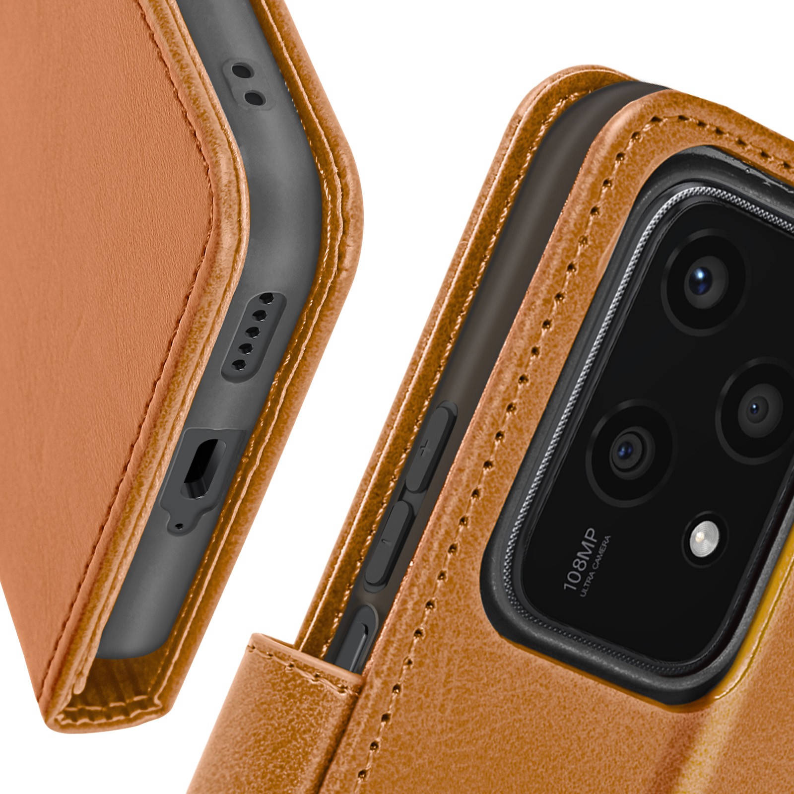 Primo piano di una custodia marrone per telefono con texture in pelle che mostra pulsanti e una porta.