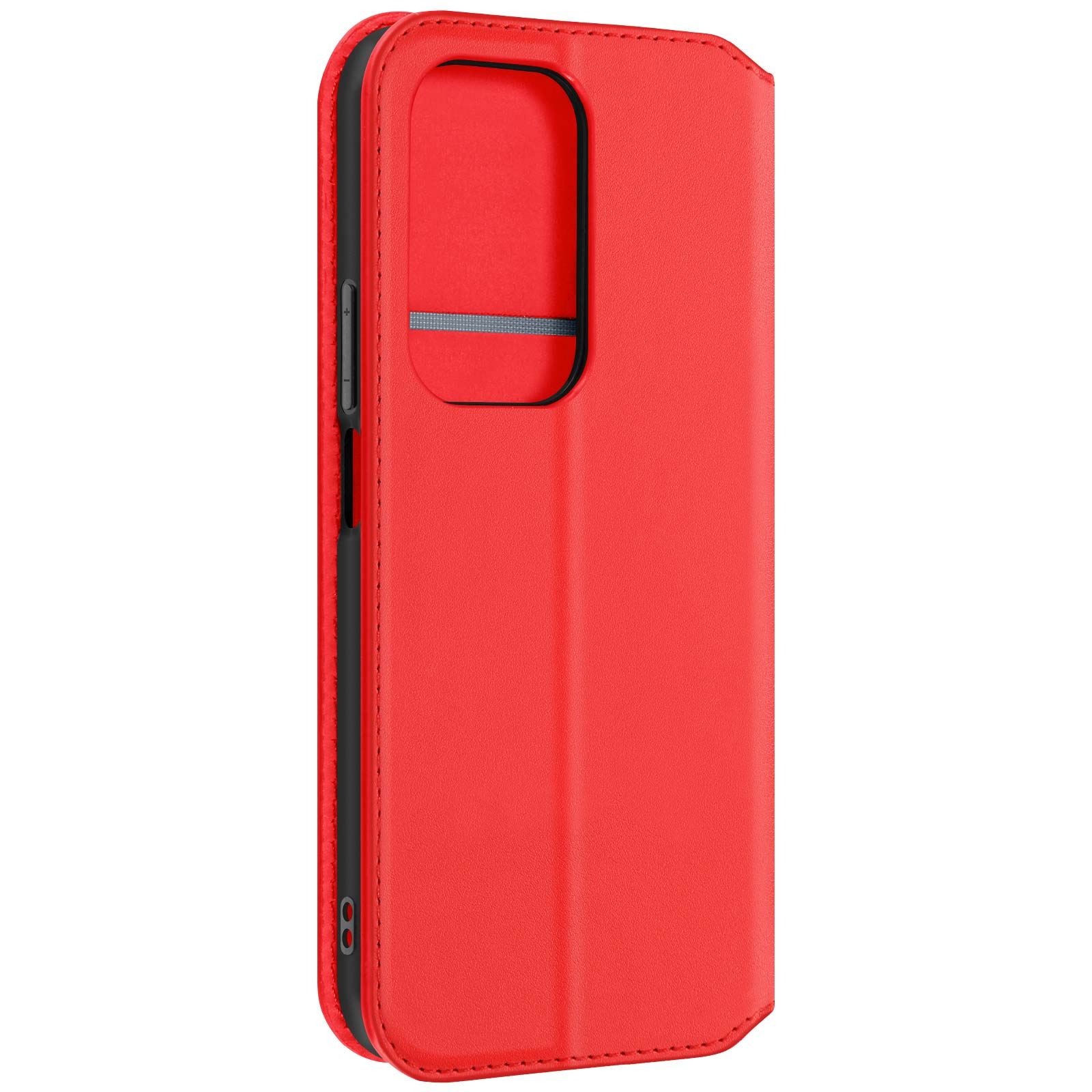 Custodia rossa per telefono con chiusura magnetica. La custodia è chiusa, con un ritaglio per la fotocamera e un bordo nero.