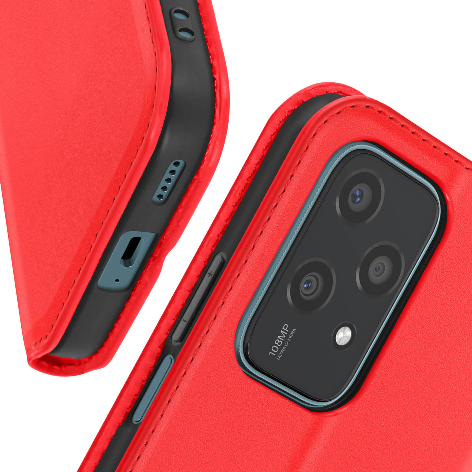 Custodia per telefono rossa. Sul retro c'è una fotocamera con dettagli neri. I bordi sono neri.