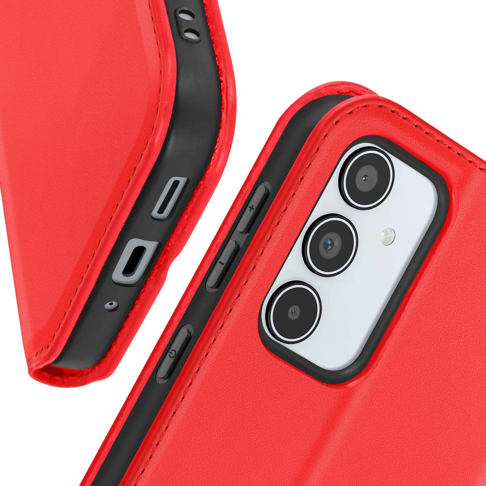 Custodia rossa per telefono, aperta, con pulsanti e fotocamera su sfondo nero.