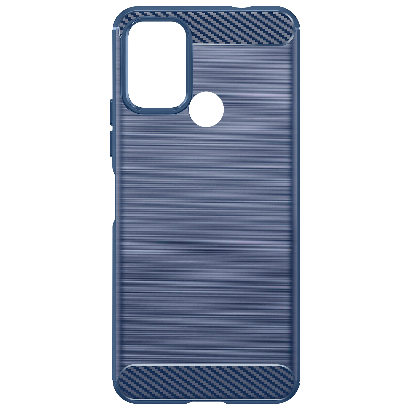 Blaue Handyhülle mit Carbonfaser-Textur. Die Hülle hat einen Kameraausschnitt und Knöpfe.