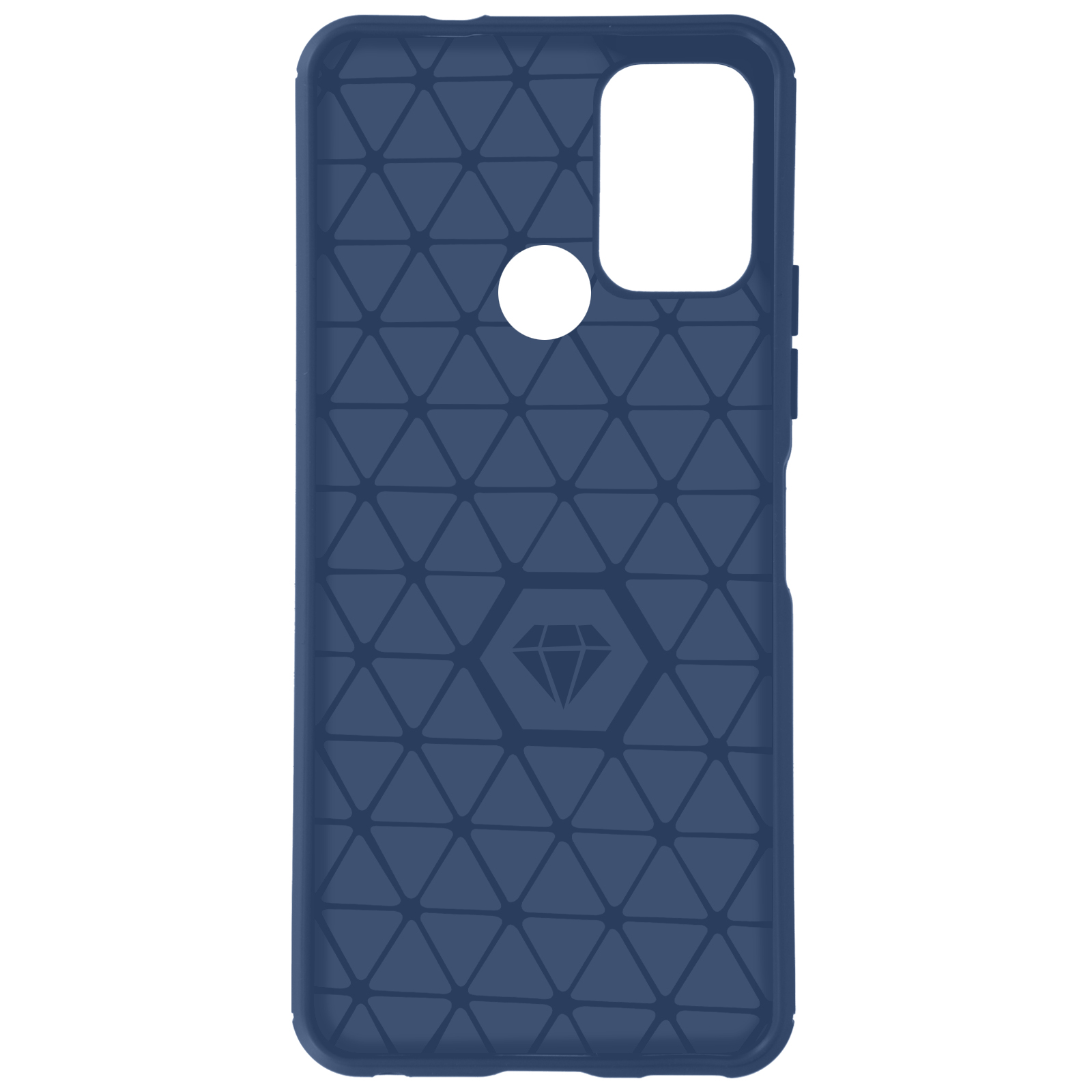 Blaue Handyhülle mit geometrischem Muster und Diamantlogo.
