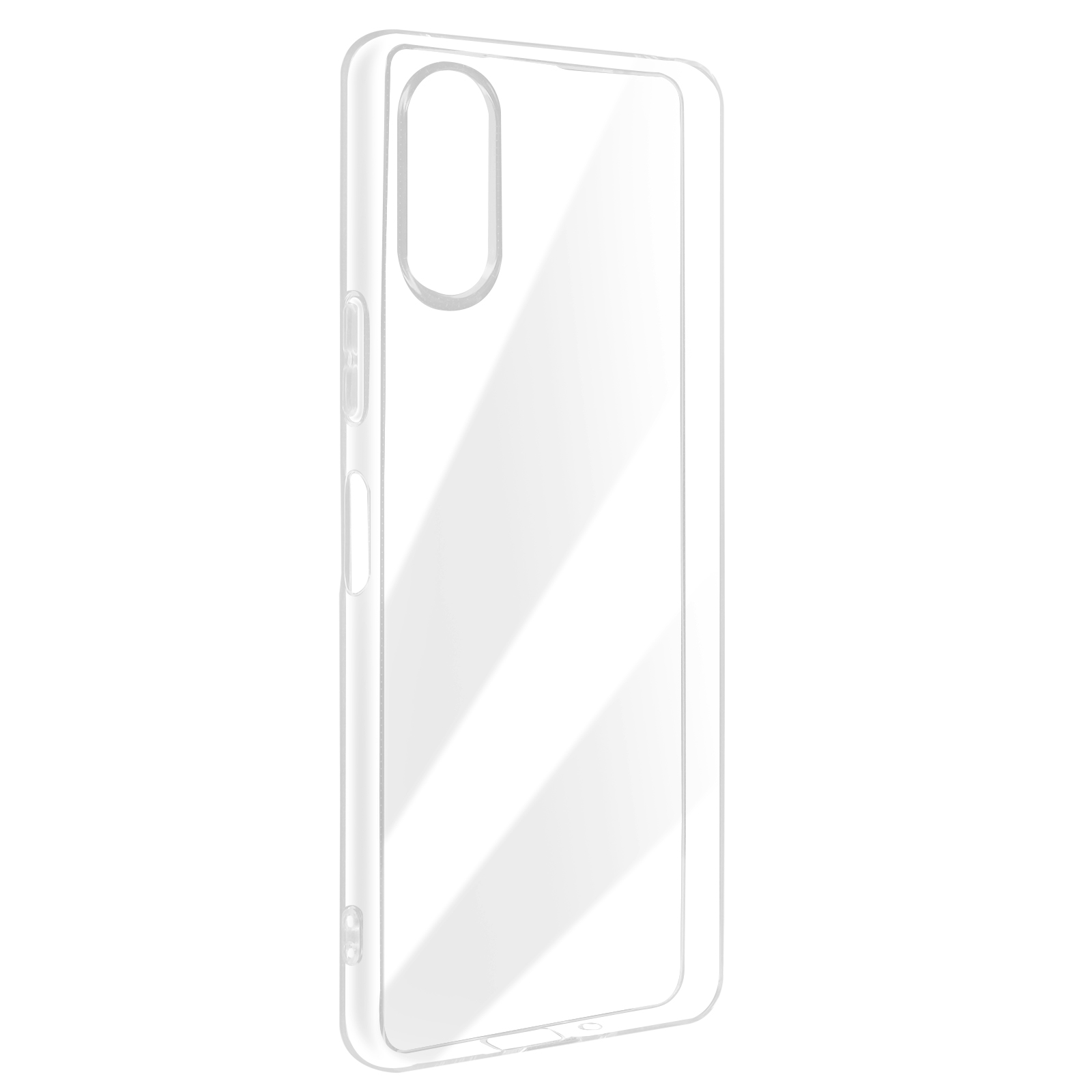 Custodia trasparente per telefono, che mostra il contorno di un telefono su sfondo bianco.