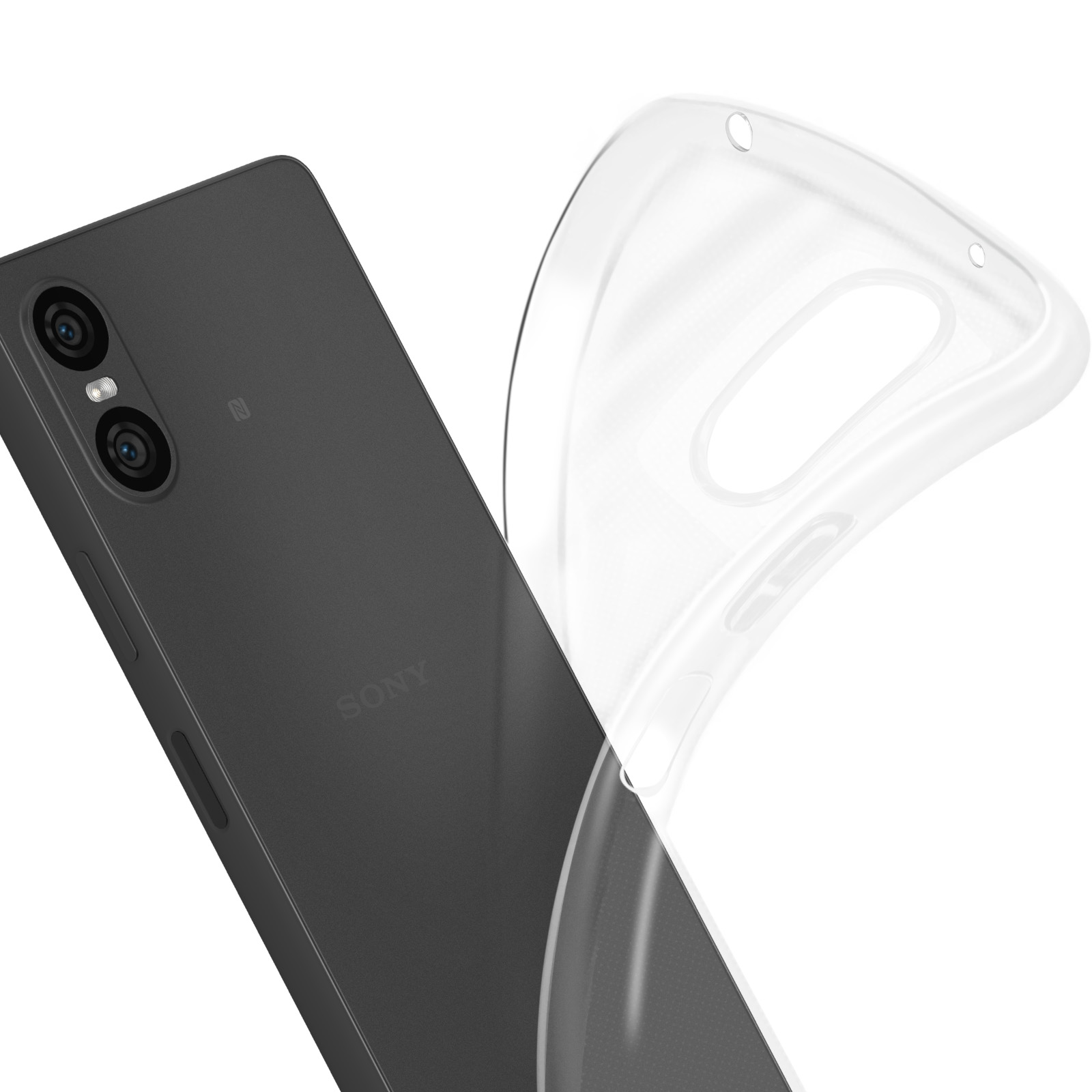 Telefono Sony con custodia trasparente. Telefono nero su sfondo bianco.