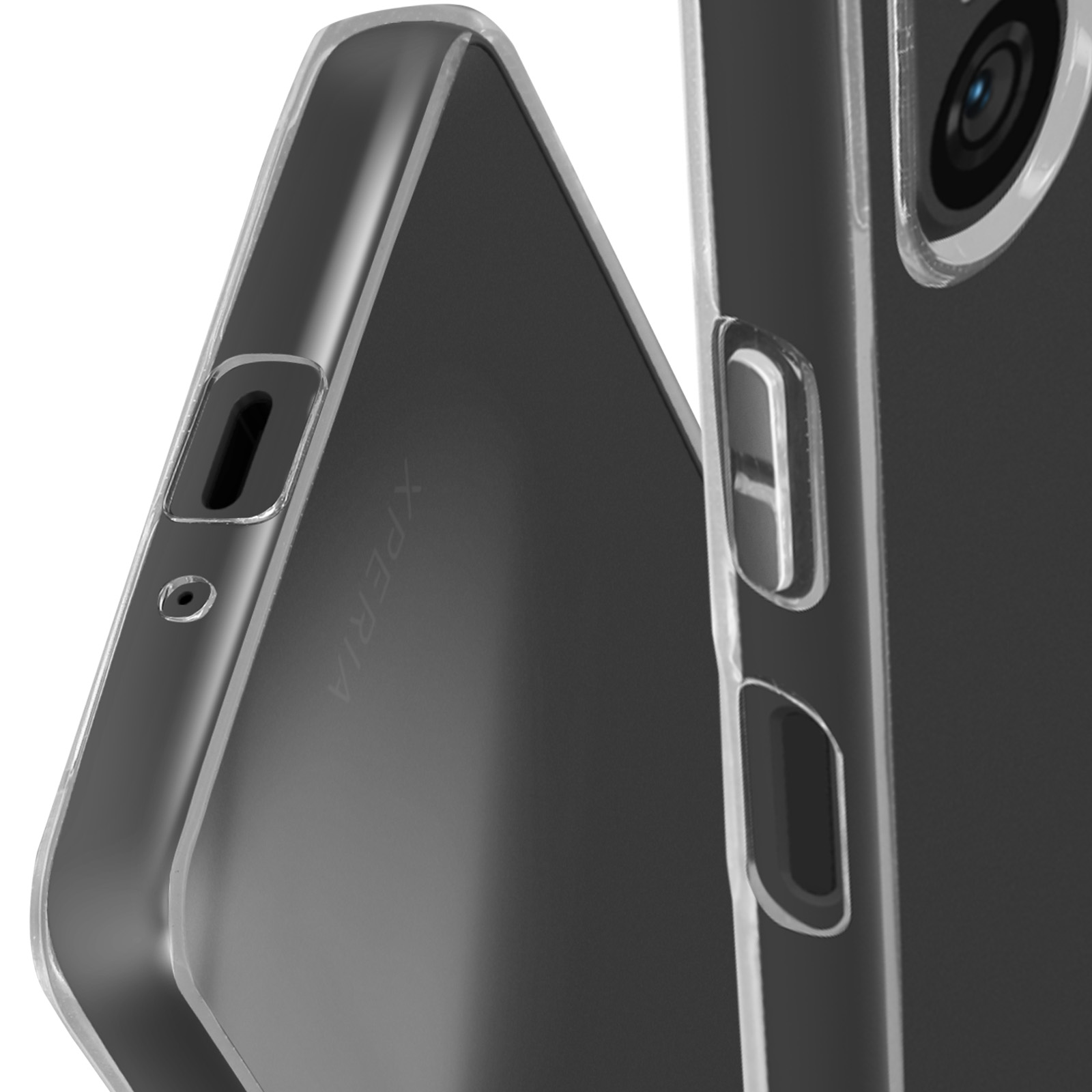 Primo piano di una custodia trasparente per telefono su un telefono nero. Il telefono è etichettato XPERIA.