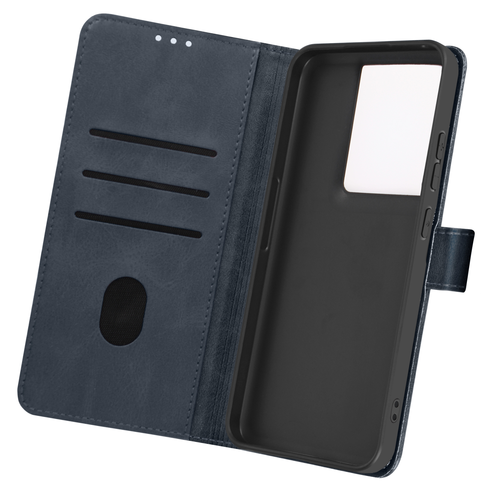 Custodia blu aperta con fessure per carte, coperchio aperto e cornice nera.