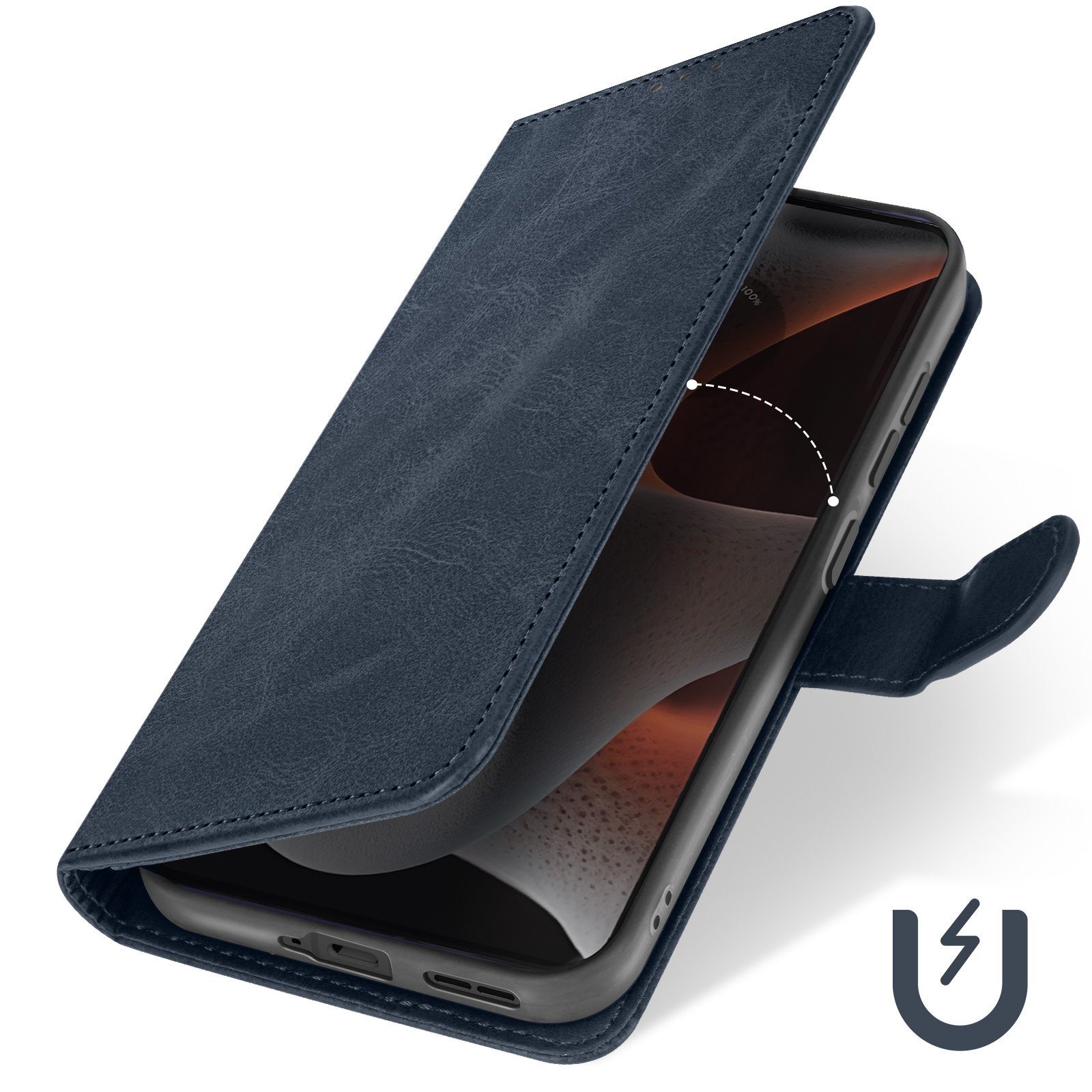 Custodia blu per telefono, aperta, che rivela un telefono. La custodia ha una cover a ribalta e un simbolo magnetico.