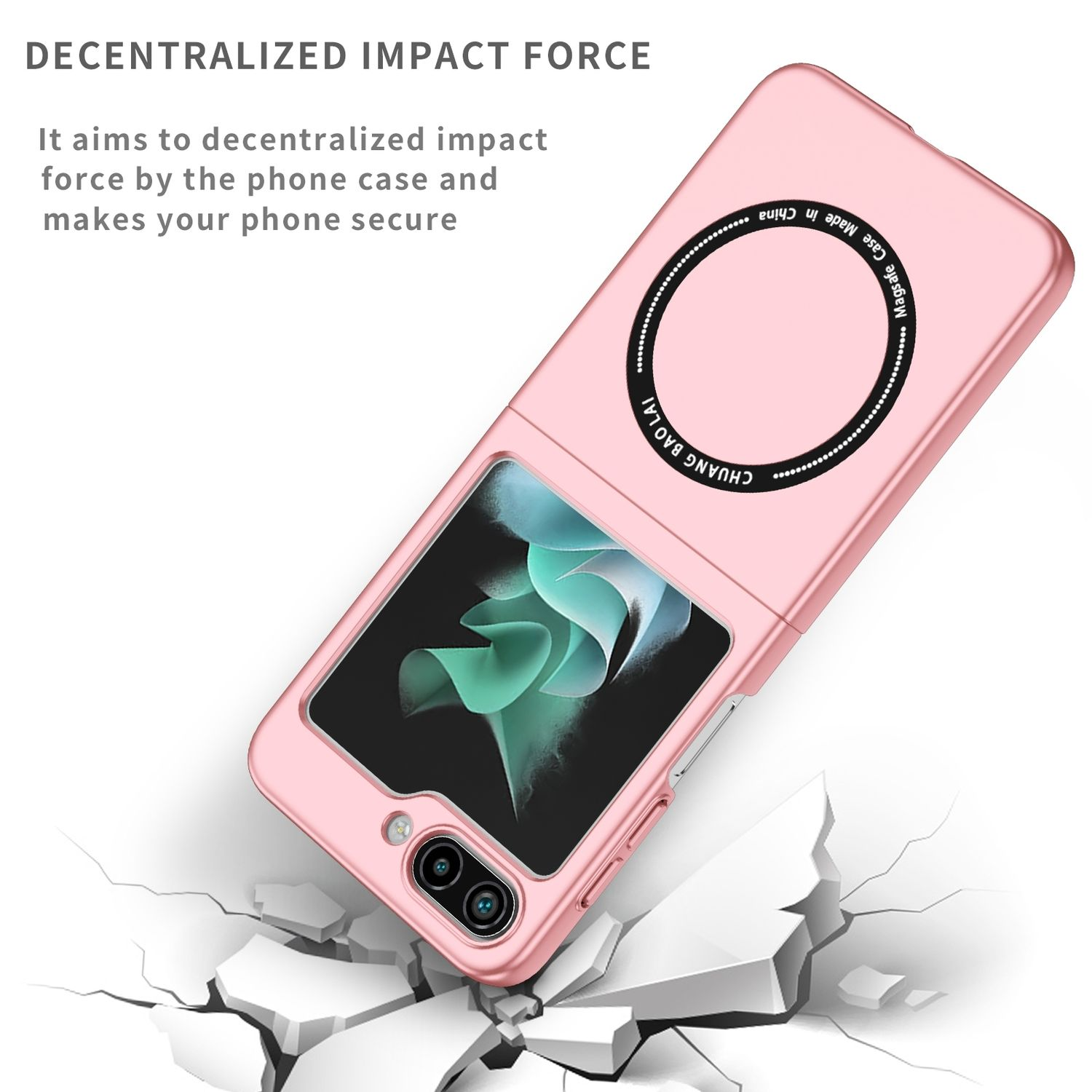 Rosa Handyhülle, in einem Winkel, mit einem Telefon darin. Zersplitterte Oberfläche im Vordergrund.